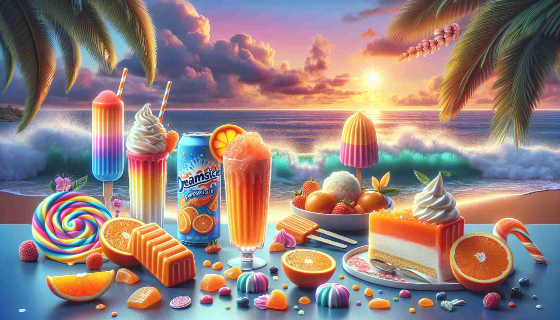 Generate a hyper-realistic, high-definition image showcasing the latest trend in citrus delights. Focus on Dreamsicle-inspired items: a tangy combination of bright orange and creamy vanilla colors should dominate the scene. Let's see icy treats, fizzes, cakes, and candies all crafted in this flavor profile. Add a cheery sunset beach setting in the background, the natural habitat of citrus, with tropical bits like palm trees and crashing waves. Present these flavorsome delicacies in aesthetically pleasing arrangements, creating a fresh, summery vibe that excites the senses and makes one eager to indulge in these citrus delights.