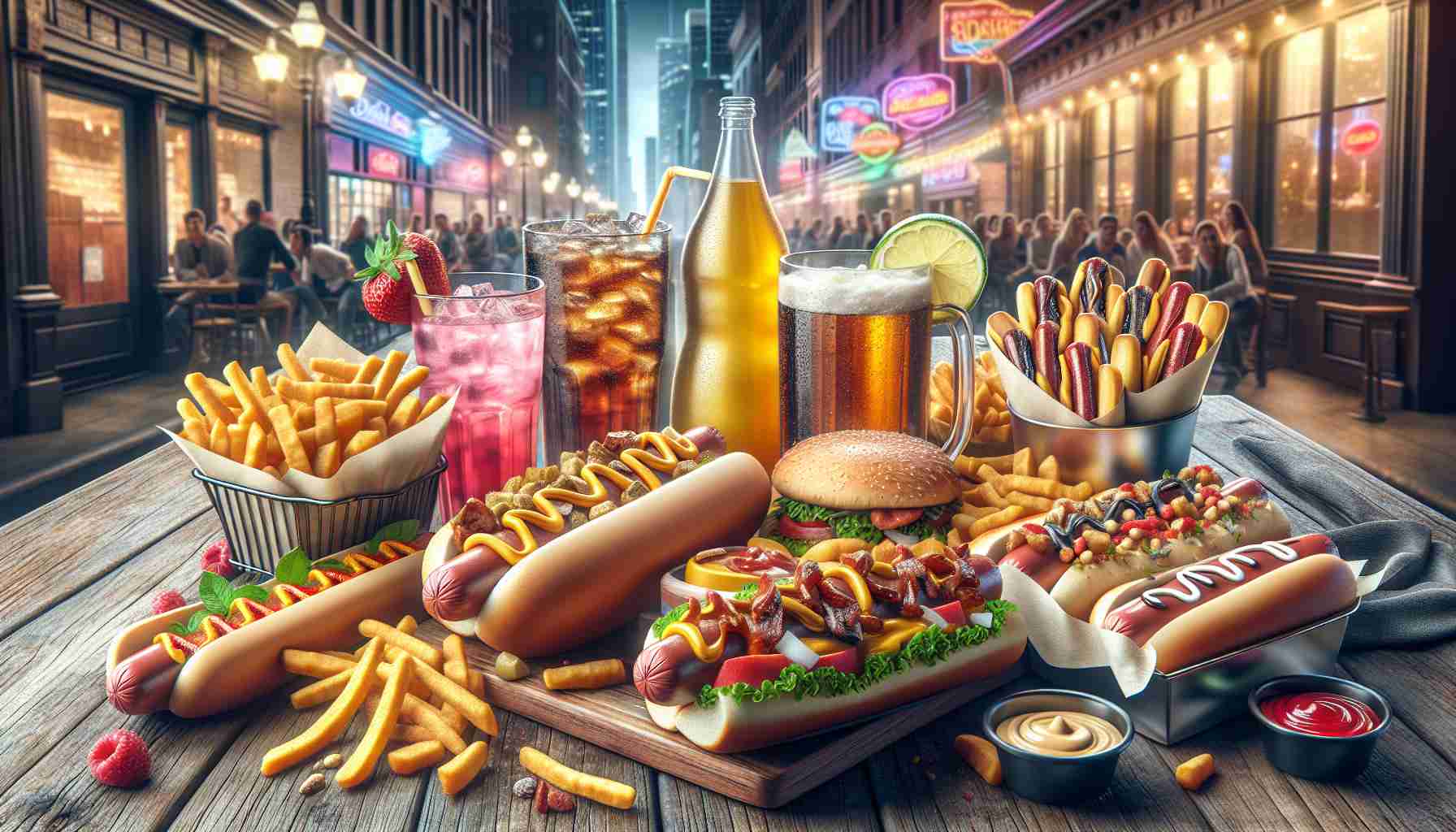 Realistic high-definition image portraying a variety of gourmet delights from a popular hot dog restaurant in the heart of a midwestern American city. The scene might include mouth-watering hot dogs with various unique toppings, crispy golden fries, a choice of colorful drinks, and an enticing background setting evoking the atmosphere of a bustling local eatery.