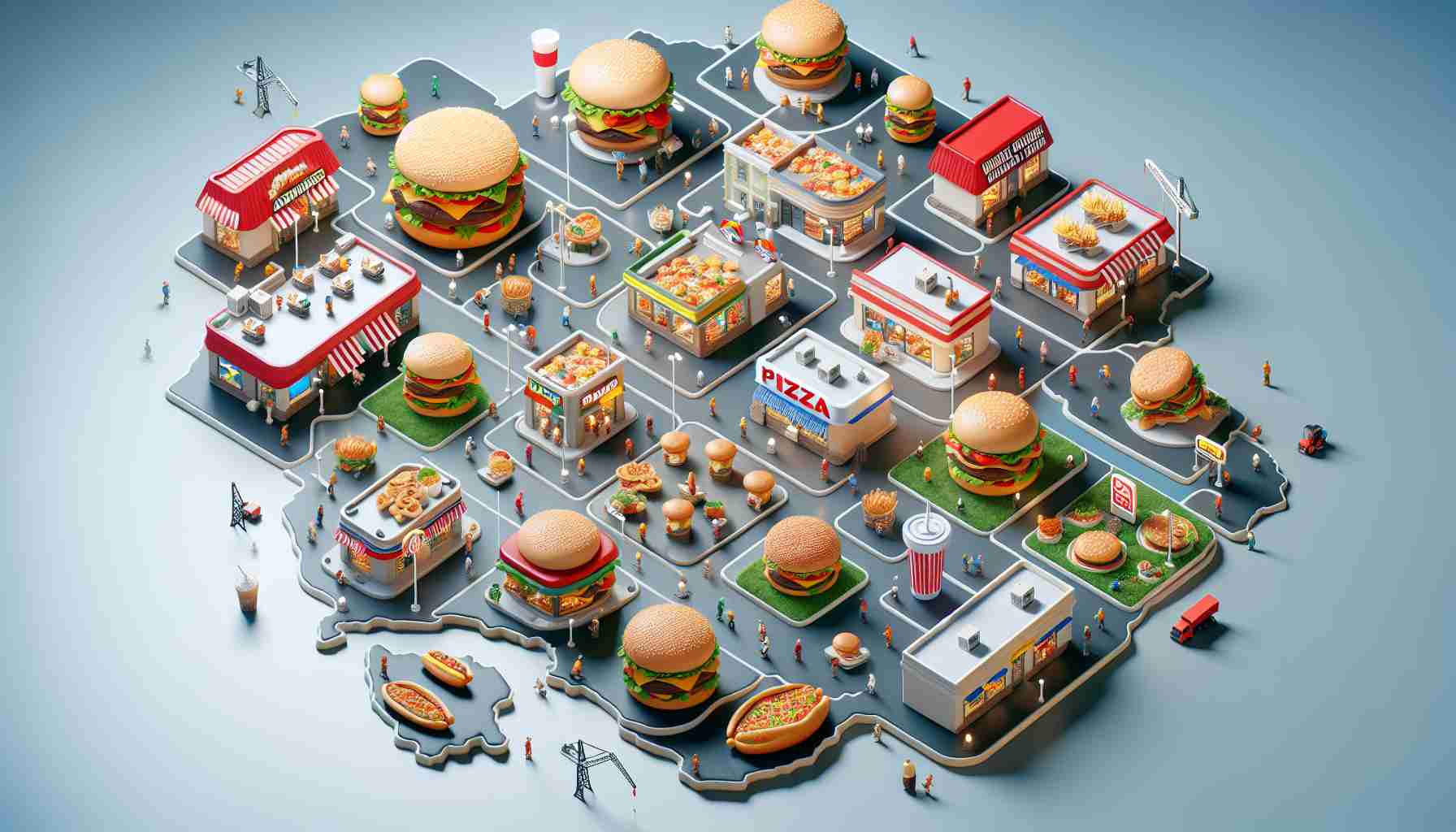 Detailed and realistic high-definition image of various fast-food restaurants expanding across a stylized map of a nation. The scene depicts restaurants of different types such as burger joints, pizza places, and sandwich shops evenly popped up across the map in an equal spread. Small animations of construction processes, with cranes and workers, signify new outlets being set up. The overall theme suggests a thriving fast-food industry in the country.