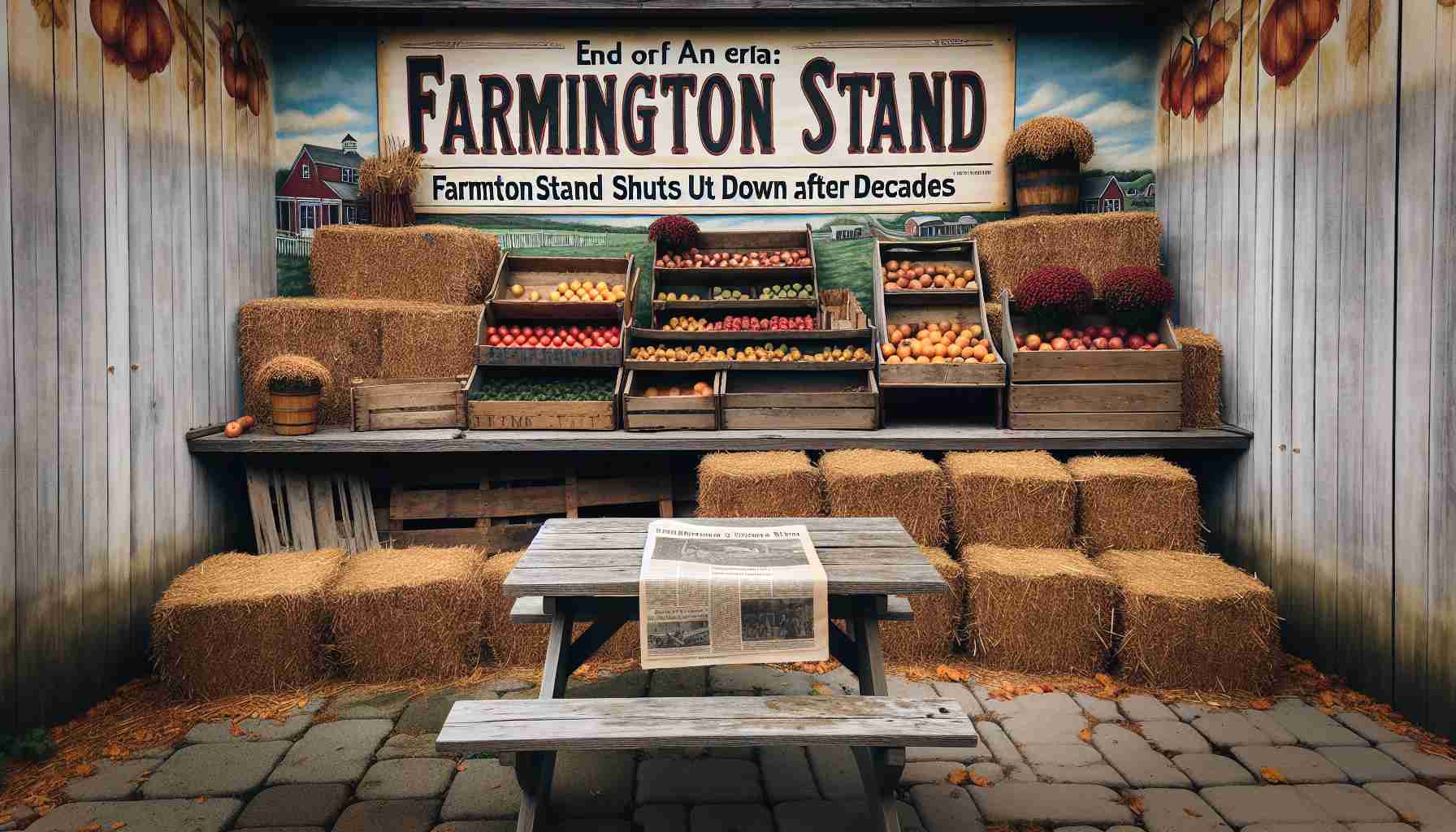 An image displaying a rustic, vintage-era farm stand located in Farmington. The stand is designed with stacked hay bales, playing backdrop to an array of harvested fruits and vegetables. The sign above reads 'Farmington Stand', which seems worn-out from years of wind and water exposure. The site is vacant, representing the end of years of service to the community. A printed newspaper headline 'End of an Era: Farmington Stand Shuts Down After Decades' is placed conspicuously on an old wooden table at the foreground. The entire scene exudes a bittersweet melancholy.