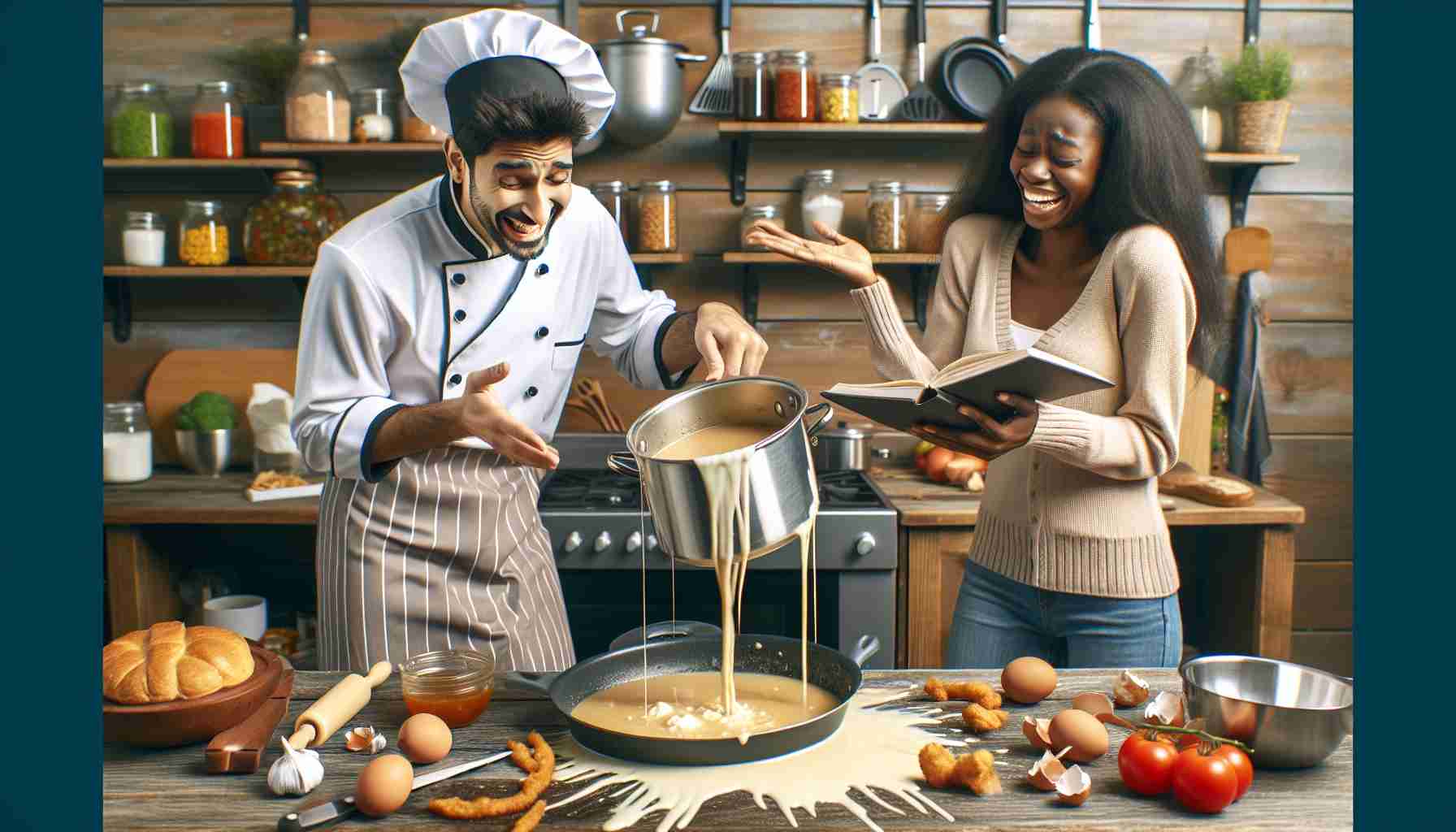 High-definition, realistic image showcasing the consequences of overconfidence during kitchen preparation. The scene includes an apologetic South Asian man in a chef's uniform who has accidentally spilled a big pot of soup, along with a black woman who is seen laughing gently, holding a recipe book and pointing at the instructions. The kitchen is filled with various cooking tools and ingredients, creating a slightly chaotic but humorous ambiance.