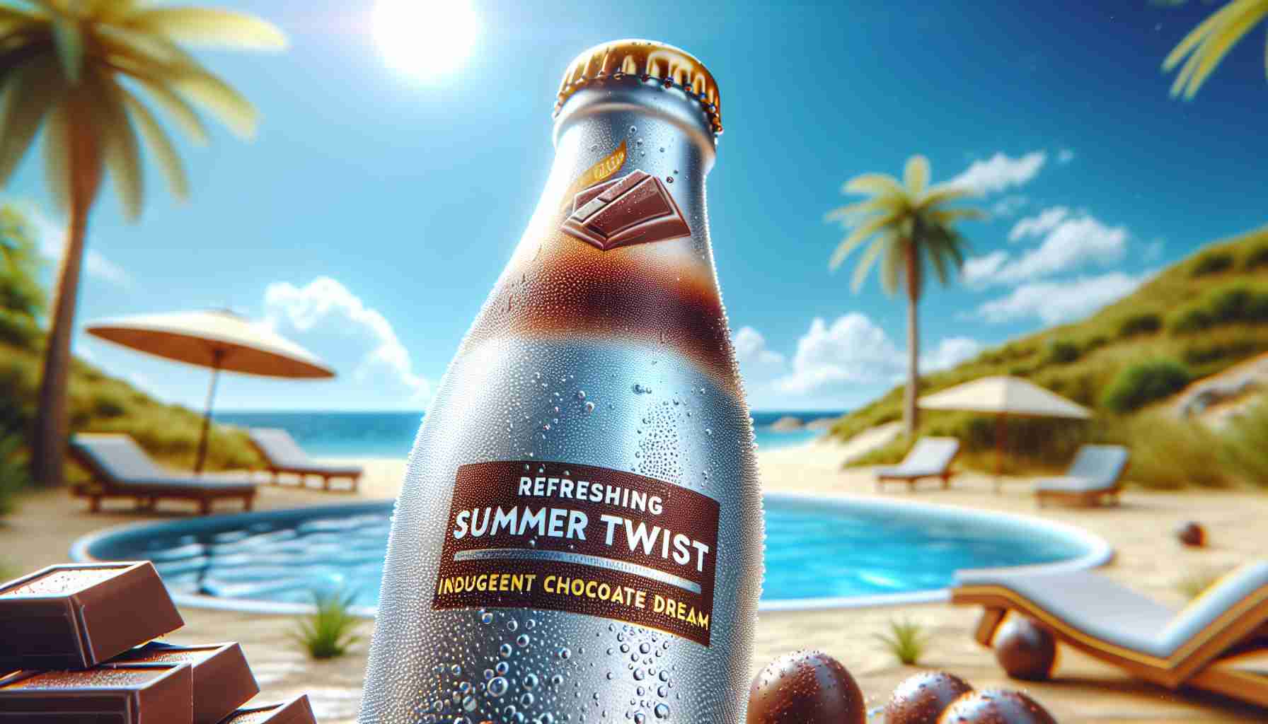 Generate a hyperrealistic, high-definition image of a unique summer beverage concept. The drink is a blend of sparkling water tinged with the indulgent goodness of chocolate, affectionately dubbed the 'Refreshing Summer Twist: Indulgent Chocolate Dream'. The bottle itself is sleek and modern, chilled to perfection, with condensation droplets enhancing the refreshing aspect. The label design on the bottle is vibrant and lures the eyes, hinting at the exciting blend of flavors within. As a backdrop, an idyllic summer setting with a clear blue sky and bright sunshine.