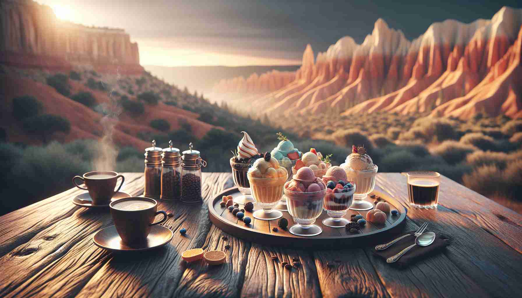 Create a realistic, high-definition image of a scene set on a quaint mesa. The focus of the scene is artisanal gelato and coffee delights. These delectable treats can be displayed in a rustic setting - perhaps outdoor with rustic, wooden tables and chairs set against the backdrop of the mesa's unique geography. The gelato should come in a variety of flavours, evidenced by different colors and textures garnished with fresh fruits and other toppings in glass containers. Nearby is freshly brewed coffee set in beautiful, artisan cups. Warm steam rising from the coffee blends into the soft light of the setting sun, casting a comforting glow on the entire scene.