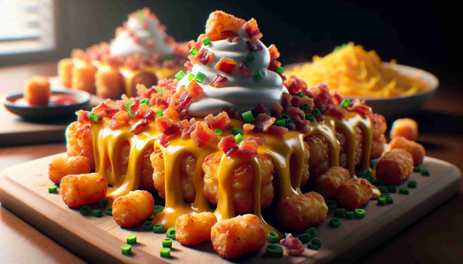 Generate a high definition, realistic image of Totchos, a revolutionary dish that involves a transformation of the traditional Tater Tots. The scene features a close-up of Totchos, finely prepared with vivid colors and textures – illustrating crispy tater tots layered with melted cheese, sprinkled with pieces of bacon and embellished with delicate calories of sour cream and fresh green chives, all together creating an upgraded, delicious and innovative twist to the classic Tater Tots.