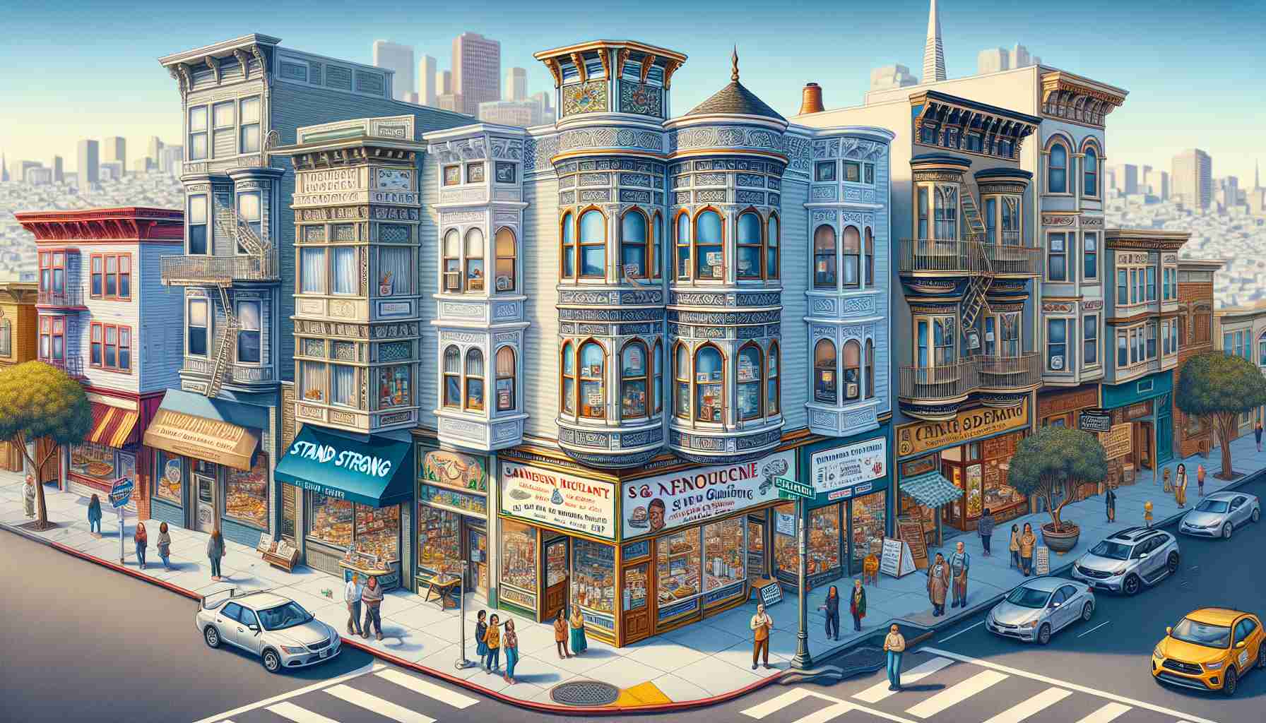 A highly detailed photo showing the unity within the business community in San Francisco. Depict a variety of businesses that showcase the city's diversity, from an independent bookstore owned by a Caucasian woman, a Chinese restaurant managed by an Asian man, a Middle-Eastern spice shop operated by a South Asian lady, to a quaint cafe owned by a Hispanic gentleman. Indicate the spirit of solidarity and resilience in their demeanour and in the posted signs that read 'Stand Strong' in response to recent incidents. Emphasize the clear blue skies, the Victorian-style architecture and the golden sunshine lighting up the multicultural city.