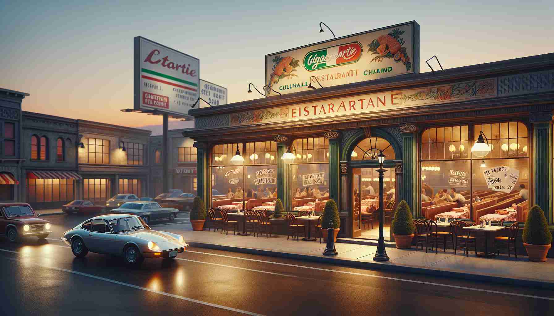 Create a high-definition image of an exterior scene depicting an Italian restaurant chain in a culturally authentic setting. The restaurant's name appears in tasteful script above the entryway, and a few diner patrons can be seen inside. The scene should subtly convey financial challenges, perhaps by showing a limited amount of cars in the parking lot, a somber sunset in the background, and flyers in the window advertising discounted meals.