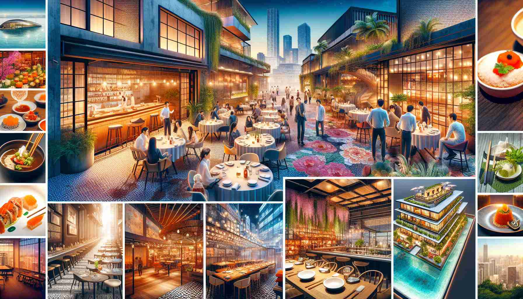 An HD image depicting an exciting array of new dining destinations. There are several uniquely designed restaurants, each emitting a welcoming aura. The first one has a contemporary design with a rustic feel while the other is a three-story, elegant French bistro. A traditional Japanese sushi bar and a trendy rooftop bar with stunning city views are also featured. The atmosphere is buzzing with anticipation and energy as food enthusiasts explore these culinary hotspots. Colors and textures are abundant, with each establishment offering a different ambiance to cater to different dining preferences.