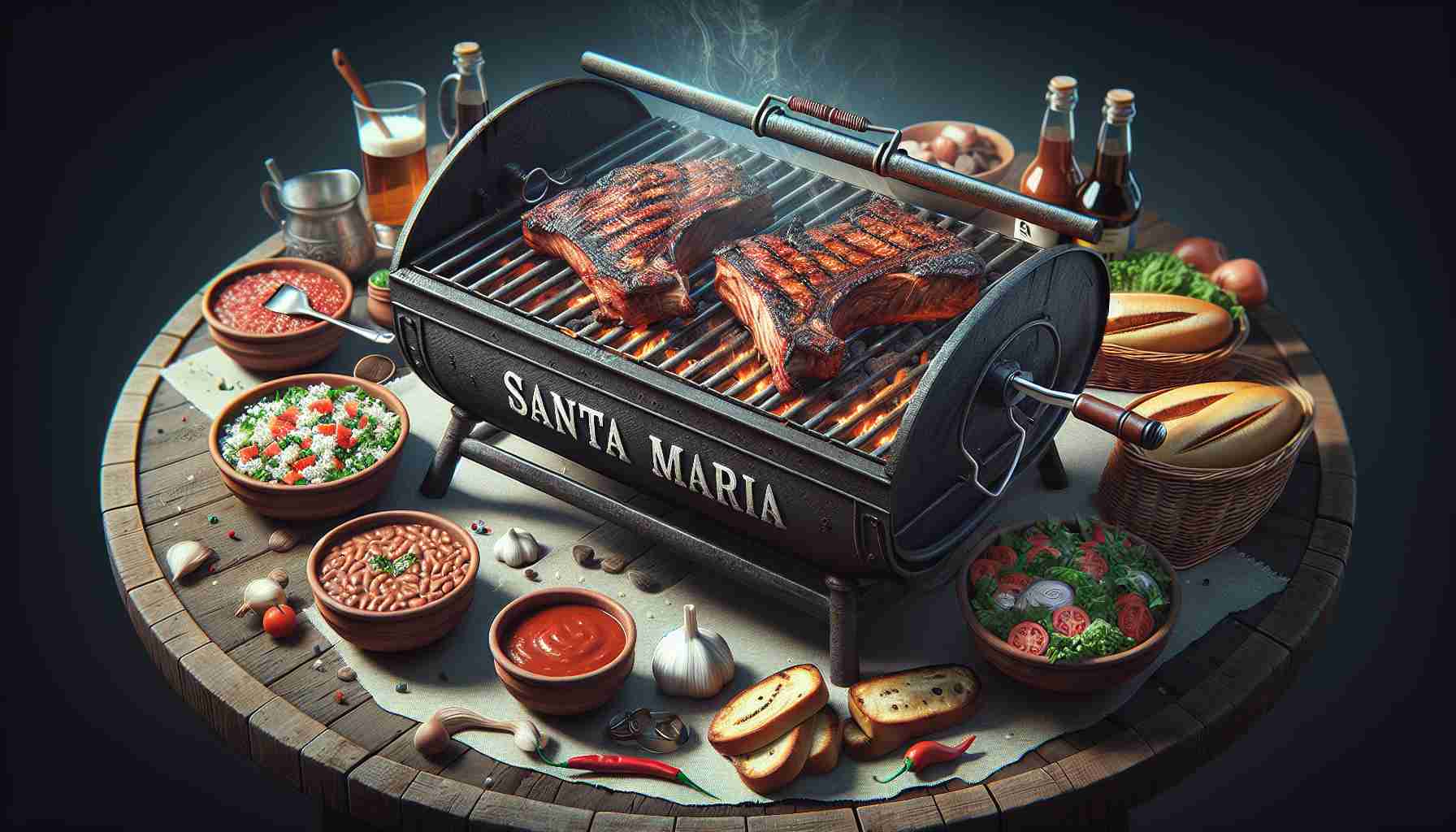 Generate a detailed, high-definition image of a Santa Maria style BBQ. Illustrate a succulent, sizzling meat cooked over a traditional Santa Maria grill which is open, made of iron bars, and has a hand-crank to adjust the height of the grill grate. Surround it with classic accompaniments like pinquito beans, fresh salsa, grilled French bread, and a simple tossed salad. The scene should convey the essence of this traditional, mouthwatering Central California culinary specialty, known for its distinct flavor, and remind viewers of a delicious journey beyond tradition.