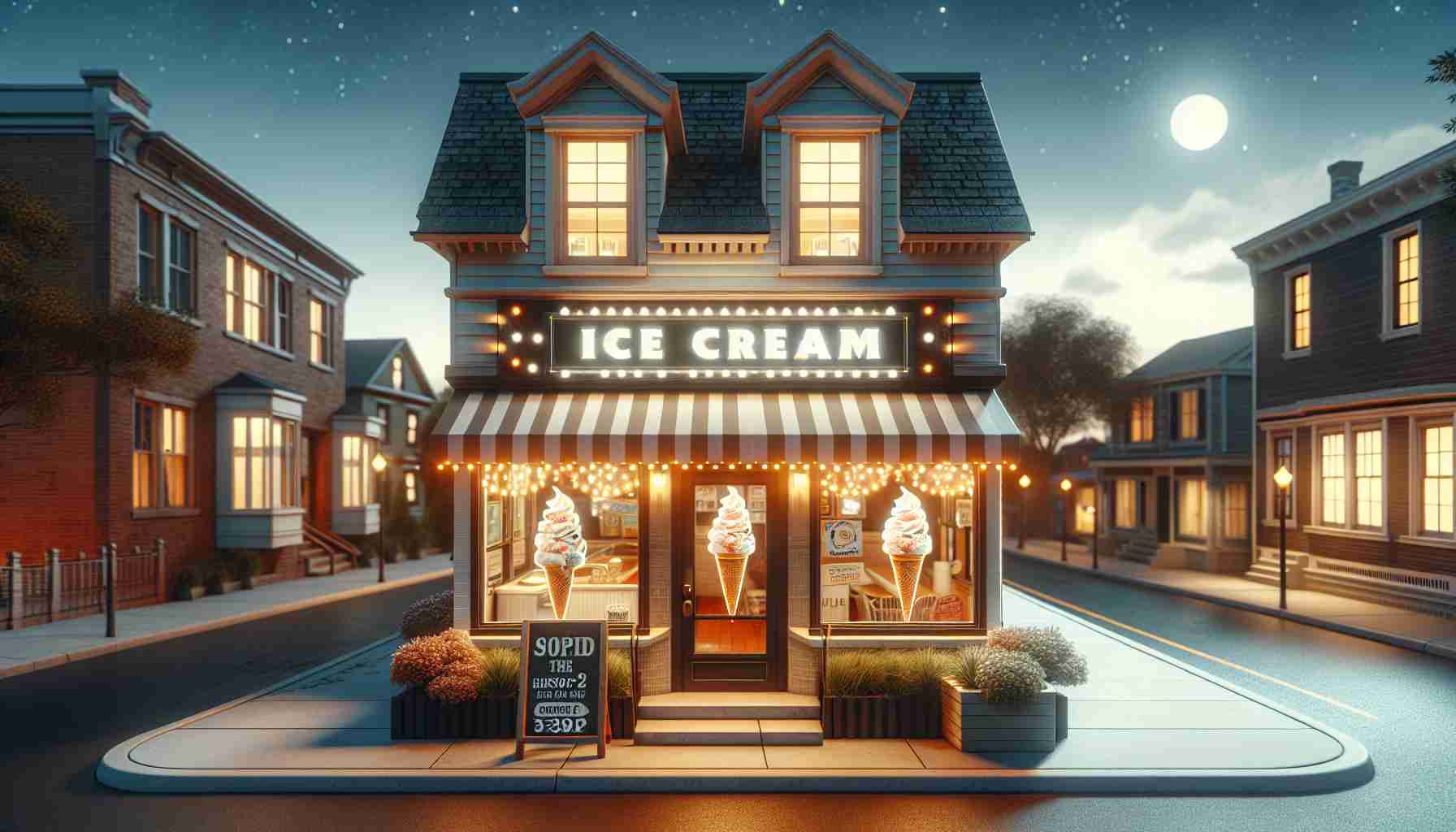 Create a realistic high-definition image of a popular ice cream shop located in a suburb-style location, notably West Chester Township. The shop is known for its unique and charming architecture. It's an evening scene with warm, inviting lights spilling out of the store. A sign in the window indicates that the shop is about to experience an ownership transition.