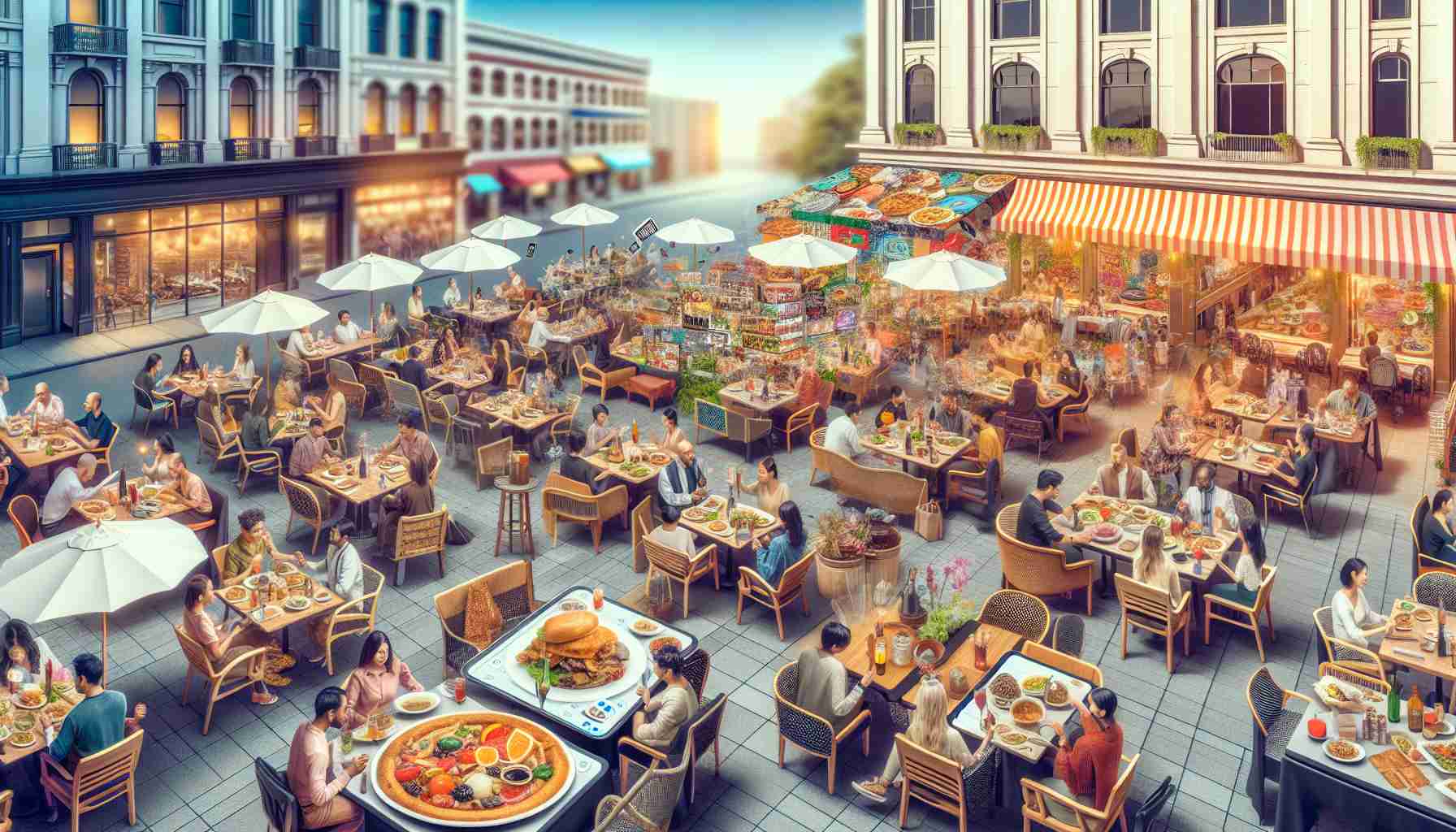 Generate a high-definition, realistic image depicting the evolution of the dining scene in the East Bay area. Show diverse elements like transformed interiors of restaurants with modern designs, a variety of multicultural food selections like Asian, Italian, Mediterranean and American cuisine, along with mixed groups of patrons enjoying their meals. Depict diverse outdoor dining options with fancy lights and decorations. Also show the influence of technology with tablets for menus and modern payment methods.