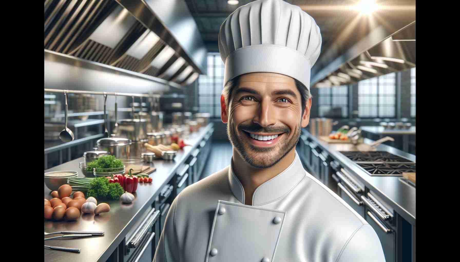 A realistic HD image showing a renowned Hispanic male chef, who we'll not refer to, embarking on a new culinary journey. He is dressed in a traditional white chef's uniform and hat, standing in a sophisticated, well-equipped commercial kitchen, with his eyes beaming with excitement and determination. There are an array of colorful ingredients spread across the stainless-steel countertops, suggesting the start of a challenging new recipe. The shine on the utensils and appliances accentuates the high-definition quality of the image.