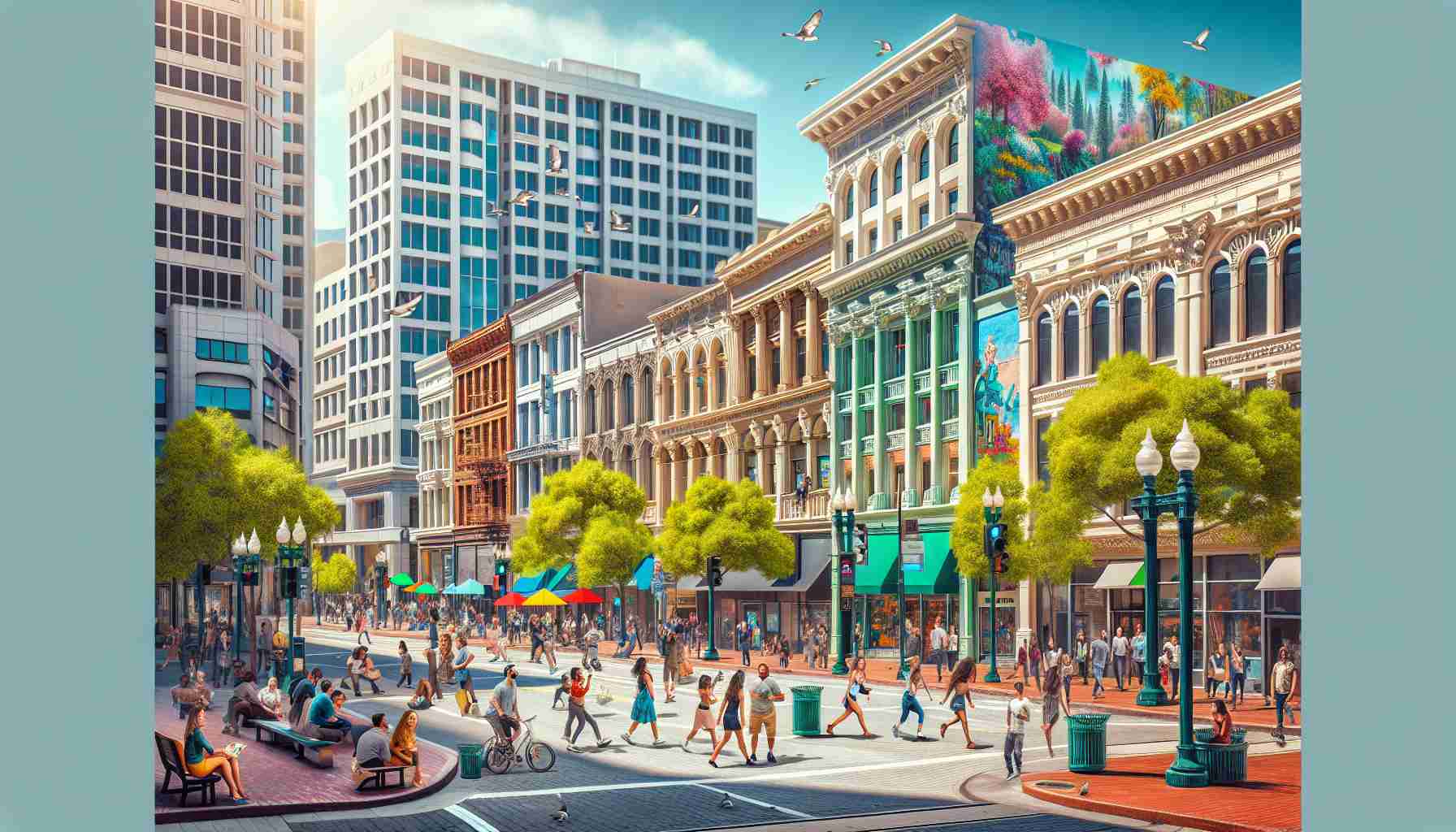 Generate a realistic, high-definition photo capturing the essence of urban revival in downtown San Jose. The image should depict renovated structures, thriving small businesses, blossoming street art and happy people of diverse descents and genders enjoying their day in the bustling city center. The balance between the historical roots of the city and its modern upgrades should be wonderfully highlighted.