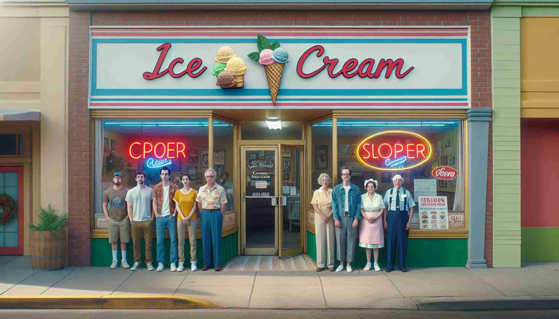 Generate a realistic HD photo of a bittersweet scenario: A well-known local ice cream parlor is closing its doors for the last time. The shop features a classic 1950s style signage, large glass windows, and a vibrant decor featuring pastel colors. A few nostalgic employees, both male and female from different cultural backgrounds, stand by the entrance, their expressions filled with a mixture of sorrow and gratitude. Some passerby are seen in the picture, taking a moment to pay their respects to the iconic establishment.