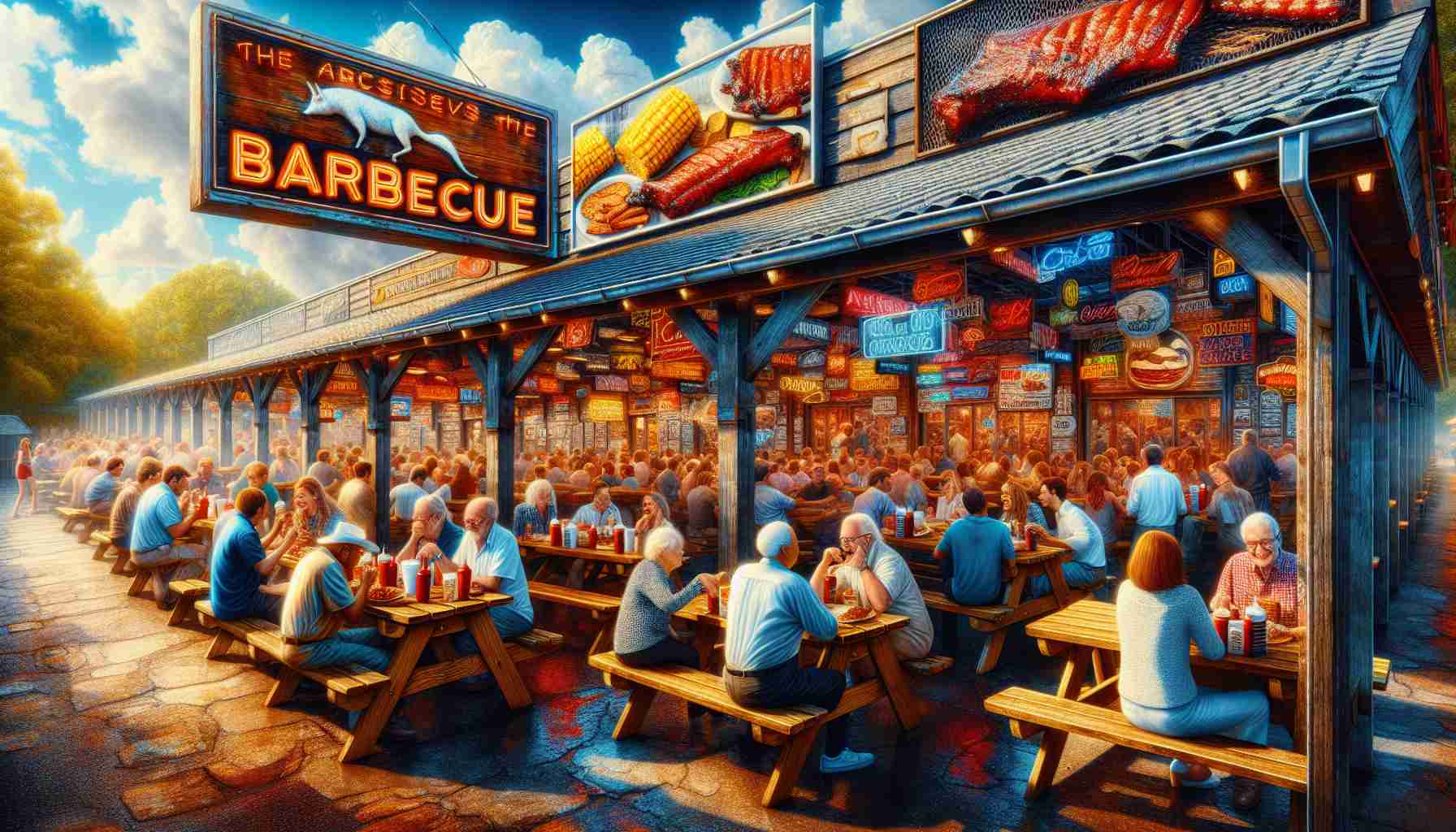 A hyper-realistic, high-definition image depicting a bustling and popular barbecue spot in the United States. Vivid colors highlight the different aromas wafting through the air, from smoky ribs to sweet corn on the cob. Customers of diverse descents are seen enjoying the atmosphere, some laughing, others deeply engrossed in the flavor of their food. Details of the environment, such as picnic tables, are intricately textured, even showing signs of weathering. The establishment's name is displayed proudly at the top, serving as a beacon for barbecue enthusiasts.