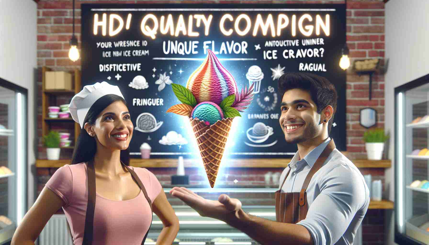 Visualize an HD quality scene representing ice cream entrepreneurs of varying descents. Illustrate it with a Hispanic female and a South Asian male entrepreneur in an ice cream shop, radiantly launching a unique flavor campaign. Both are excitedly presenting an ice cream cone with a distinctive, vibrant, and unusual ice cream flavor, which stands out among other regular flavors. The highlighted ice cream flavor should emanate an attractive glow. Let the shop be decorated with promotional materials and posters articulating the uniqueness of the new ice cream flavor.