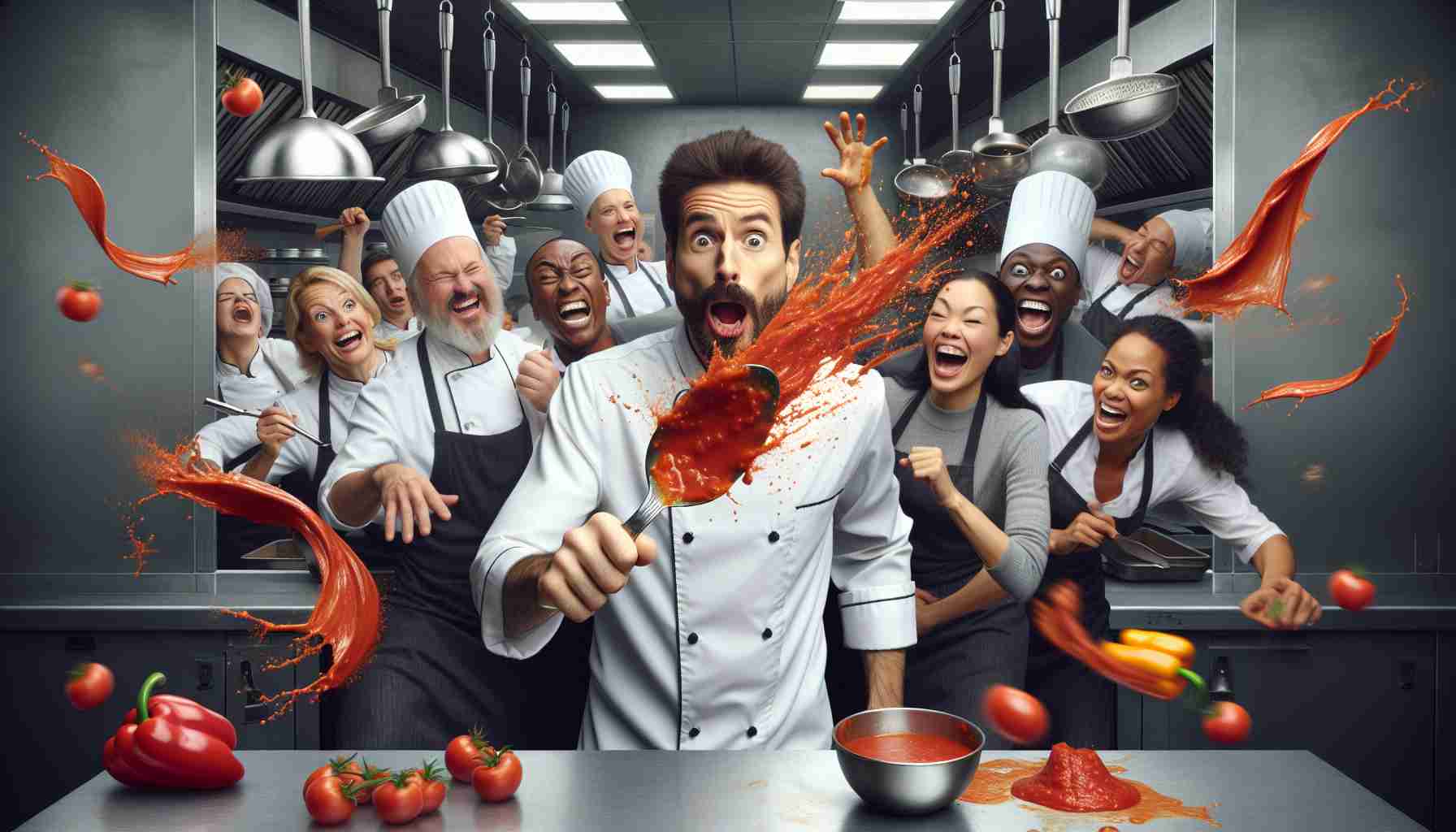 Realistic, high-definition image of a humorous culinary event known as 'The Spoon Incident.' Picture a busy, professional kitchen with stainless steel appliances and a multitude of cooking utensils around. A comical situation unfolds as a Caucasian male chef, in his late thirties, with a groomed beard, misses his step and accidentally catapults a spoonful of vibrant, red tomato sauce into the air. This sauce splatters everywhere, causing a rainbow of amused reactions from a diverse kitchen staff, comprised of a middle-aged Hispanic female sous-chef, a Black male line cook in his twenties, and a senior South Asian female pastry chef. Everyone is sharing a hearty laugh, the air filled with camaraderie and light-hearted fun.