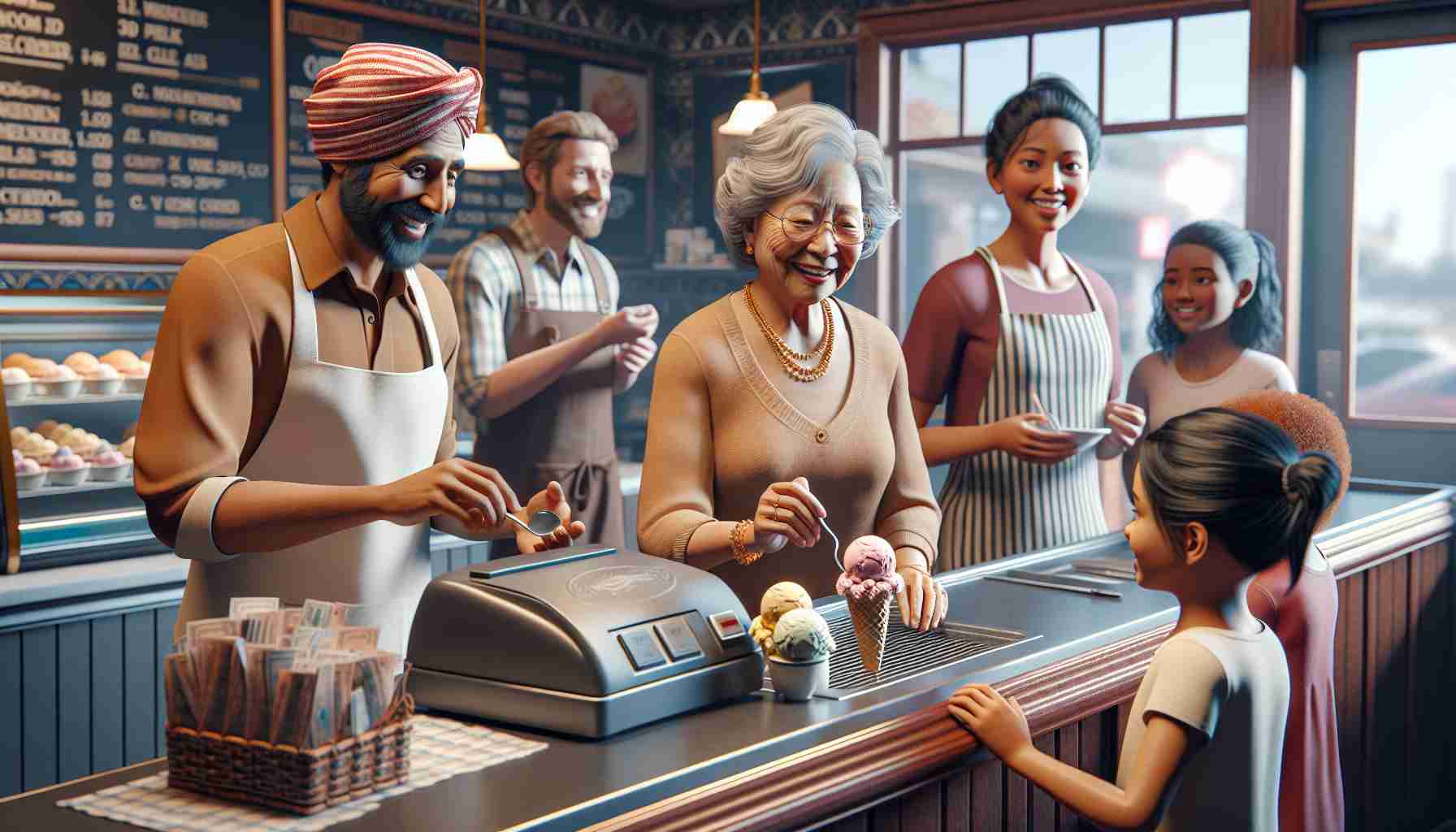 A high-definition, realistic image of a local family bringing back a cherished tradition of an ice cream parlor. The scene includes four characters, each of different ages and descents. An elderly South Asian woman with a jovial expression is adding a scoop of ice cream onto a cone. A middle-aged Black man wearing an apron is at the cash register, providing change to a customer with a smile. A young Middle-Eastern girl with a ponytail is eagerly standing by, waiting for her ice cream, and a Hispanic teenager is seen in the background wiping tables and serving customers. Old fashioned ice cream parlor decor with warm and inviting elements complete the setting.