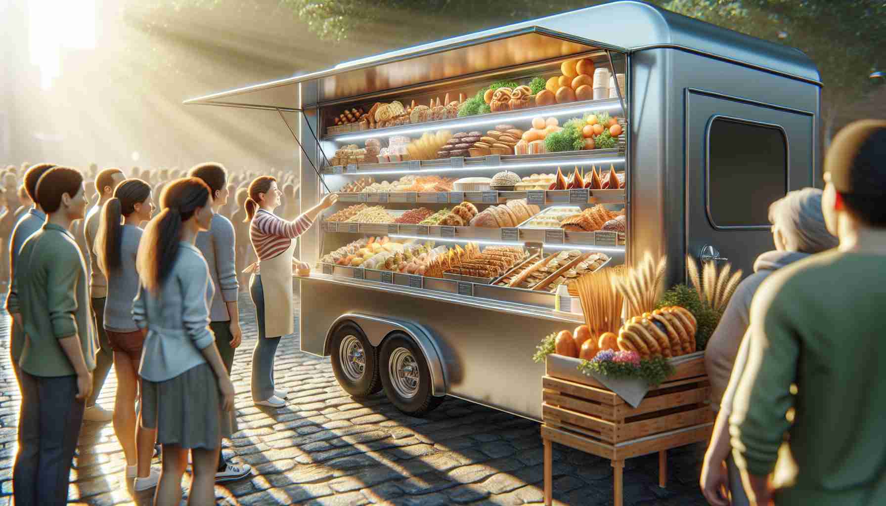 Realistic high-definition image of a mobile food cart which is overloaded with various artisanal delicacies awaiting customers. The sun gleams off the stainless steel counter; the array of fresh, homemade, and delicious food items ranges from baked goods to grilled sandwiches. The owner, a middle-aged Caucasian woman, showcases her culinary skills with pride. A few bystanders of different descents and genders wait their turn in line, their faces lit up with anticipation.