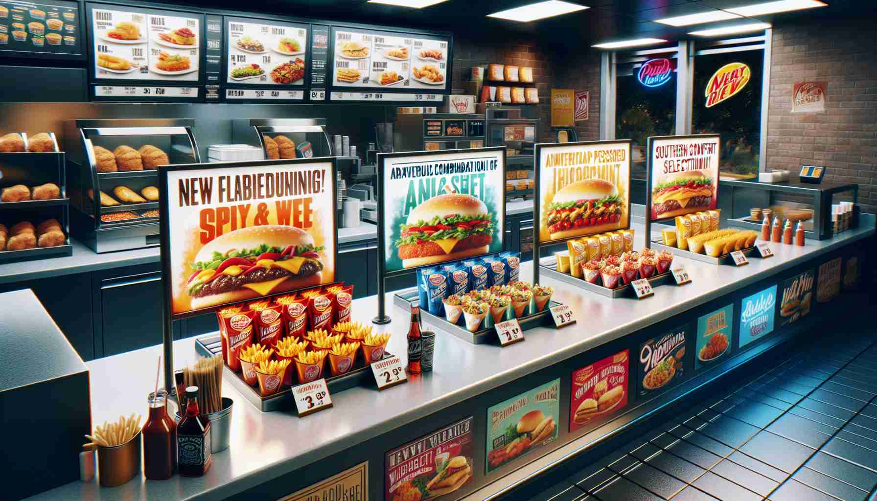 Imagine a highly detailed, realistic photograph illustrating new, exciting flavors debuting at an American fast food chain. These include an adventurous combination of spicy and sweet, a fusion of Asian-inspired ingredients, and a heart-pleasing southern comfort selection. The image captures these culinary delights placed on a clean, glossy counter, encased in bright, enticing packaging that showcases the uniqueness of each flavor. Various signs and promotional materials positioned around the counter vividly announce the arrival of these exciting new flavors, creating a buzz of anticipation among the customers.