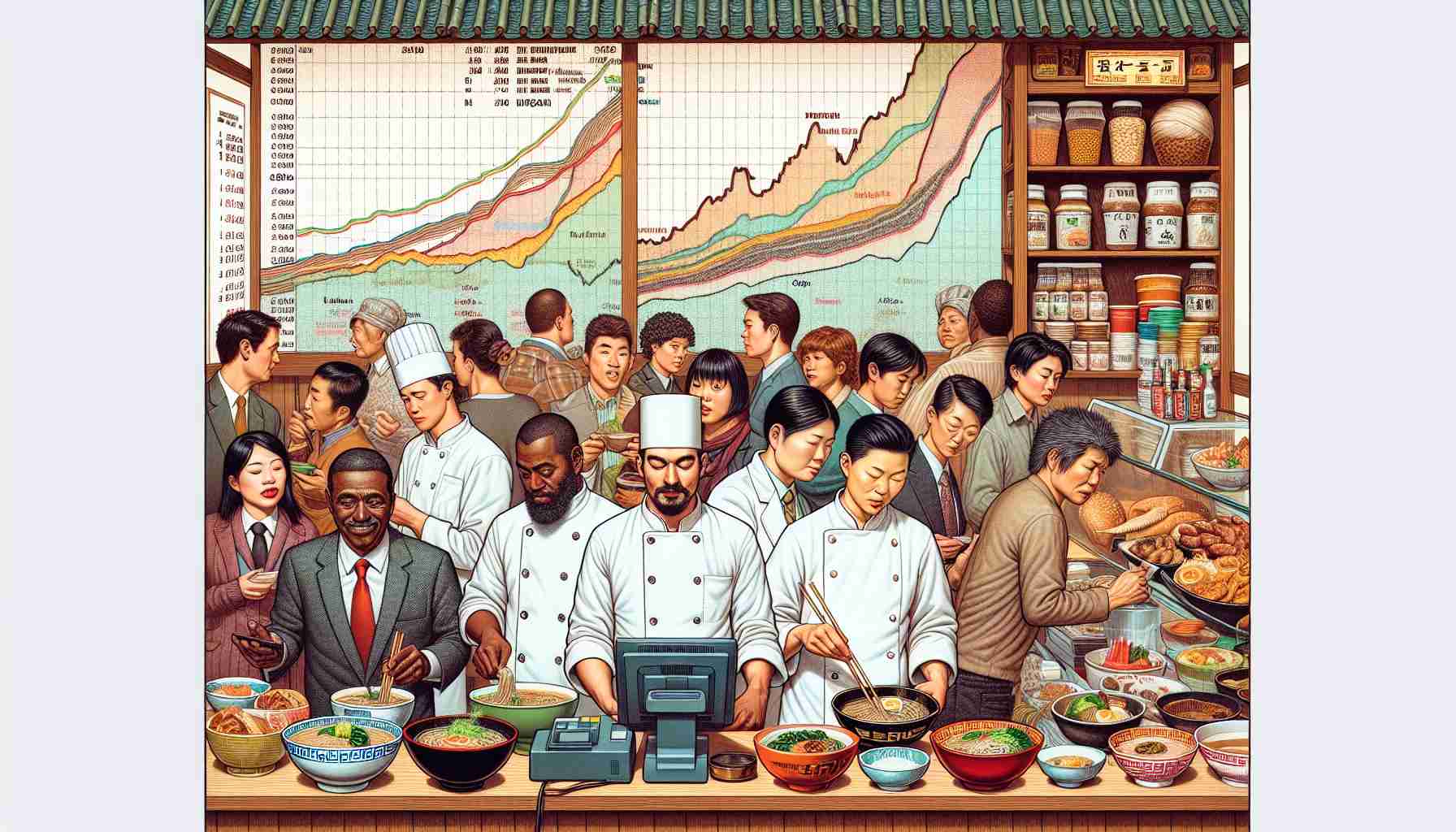 A detailed and vivid depiction of a bustling ramen shop, illustrating the economic dynamics of cuisine. On one side, chefs of diverse descents - Hispanic, Caucasian, Middle-Eastern, and South-Asian, deftly crafting bowls of ramen with various ingredients at their disposal. On the other side, customers eagerly wait, their anticipation visible in their eyes. In the middle, a cash register and menu board, showing the pricing of different dishes. In the background, a chart showing the growth trends of ramen cuisine over the years.