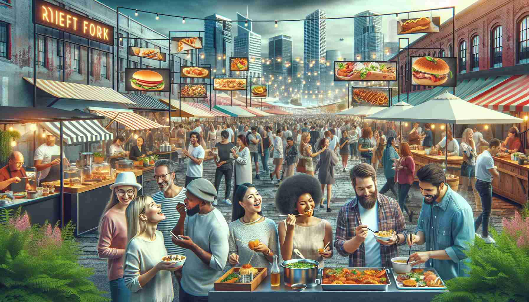 High definition image showing an unfolding culinary revolution in a hip, urban neighborhood. There's a mix of culinary styles from the traditional to the avant-garde. There are various restaurants serving foods from all over the world, and street food vendors experimenting with innovative modern fusions. People of different descents such as Caucasian, African, Hispanic and South Asian are trying out the different food offerings. There's a festive atmosphere with people smiling, eating, and enjoying the foodie vibe, along with a visible skyline of the city in the backdrop.