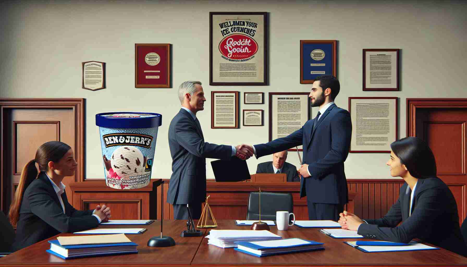 Create an image of a high-definition scene in a courtroom where a well-known unnamed ice cream company is resolving a lawsuit over product labeling. The focus of the scene is a man dressed formally, likely the company's lawyer, shaking hands with another person, possibly the opposing lawyer. On the wall behind them hang various legal documents, while a large branded ice cream container, at the center of the dispute, is placed on the desk between them. The brand's logo is well-designed but nondescript, resembling no existing ice cream brand.