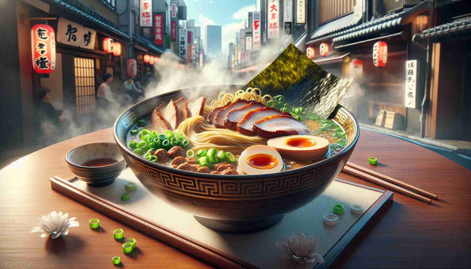 Realistic high-definition rendering of a heartwarming scene showcasing a bowl of Tenkomori Ramen, a popular dish in Tokyo's Otaku district. The composition should include an appetizing bowl of noodle soup with lush toppings of marinated boiled eggs, succulent pork slices, vibrant green onions, and cottony clouds of steam wafting from the hot broth, placed on a traditional Japanese lacquered table. The backdrop should hint at the urban ambiance of the district.