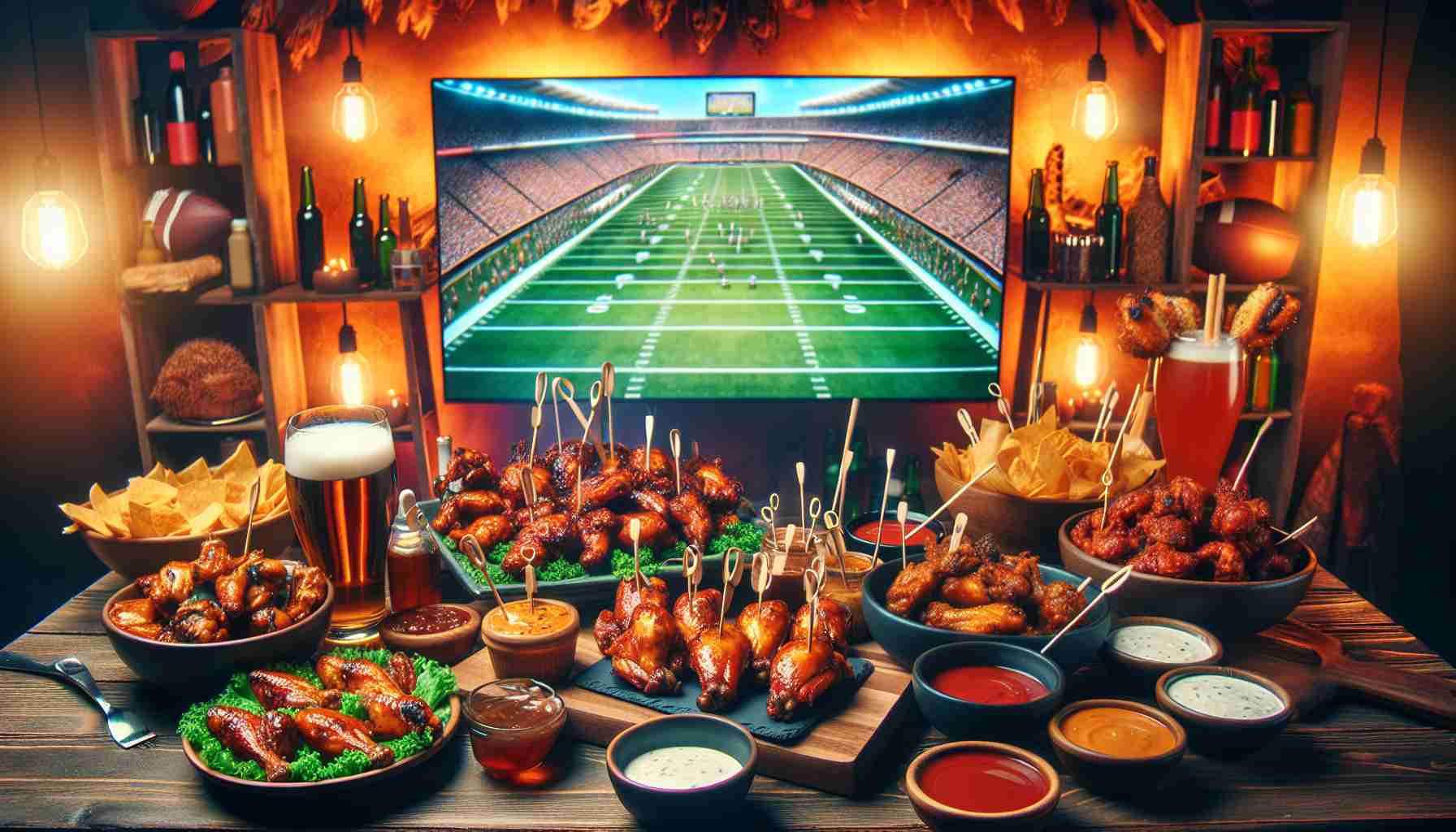 An enticing and vibrant image of a variety of chicken creations arranged enticingly on a table. A big flat-screen TV can be seen in the background, broadcasting a live football game. The setup is warm and laid back, ideal for a football season. The chicken items may include wings, roasted pieces, and skewers, all glistening with rich sauces and spices. The table should also hold an array of accompanying dips, perhaps in small bowls, and refreshing drinks in tall glasses. This scene should evoke intense flavors and the joy of sharing a meal during a sporting event.