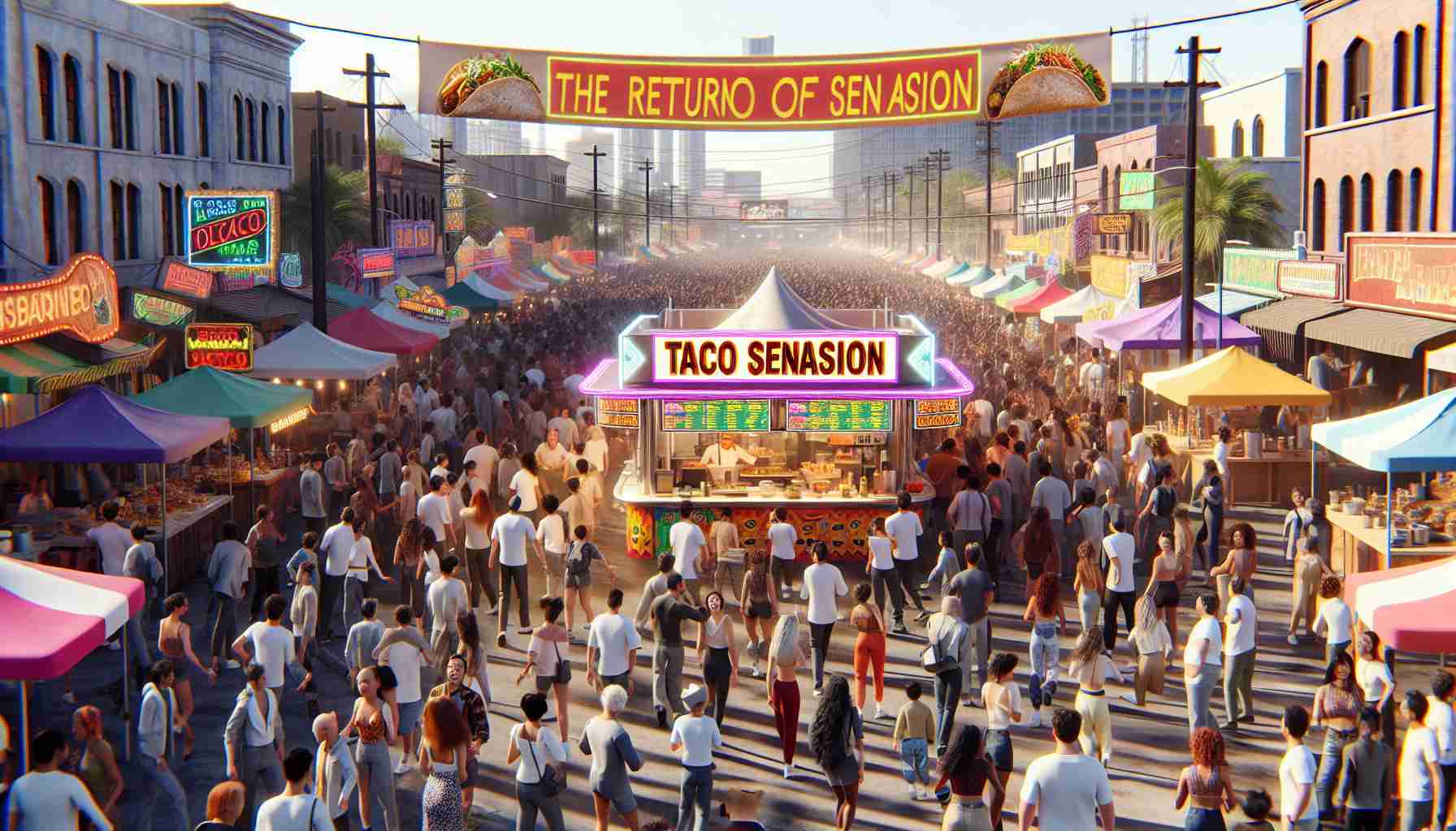 A highly realistic, high-definition image of an event titled 'The Return of Taco Sensation', showing a lively scene at a food festival. Various independent taco stands line the streets, each boasting unique delicacies, with colorful decorations and the mouthwatering aroma of exotic spices floating in the air. In the forefront, a newly reintroduced taco stand steals the limelight, attracting a crowd of excited and diverse people, of males, females, and non-binary individuals of White, Black, Hispanic, Middle-Eastern, and South Asian descent. The stand features a bright banner that reads 'The Return of Taco Sensation'.