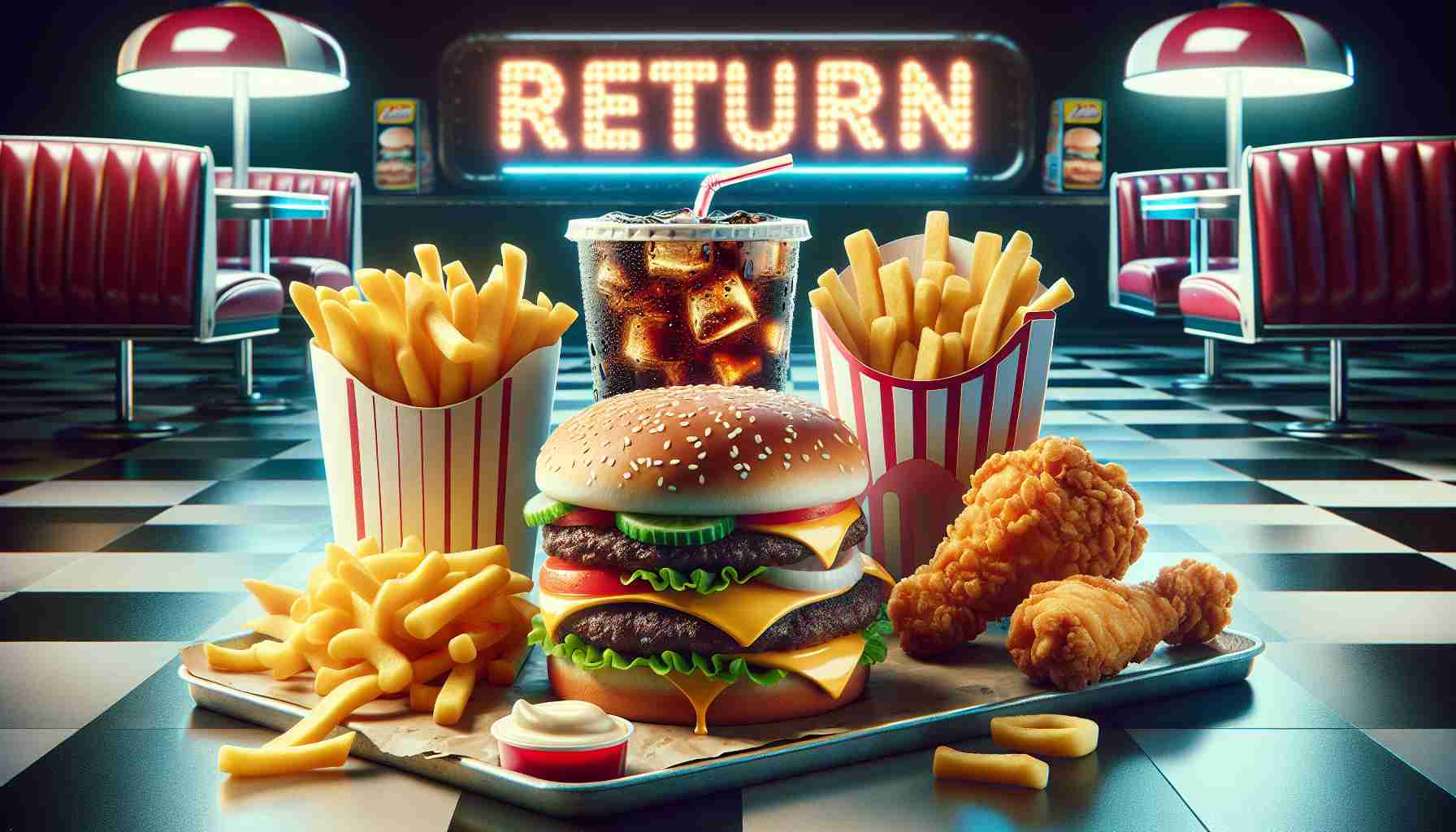 Generate a hyper-realistic, high-definition image comprising numerous classic fast food items making a comeback, such as a hearty double cheeseburger with melted cheese tucked between sesame-seed buns, crispy golden French fries served in a paper pouch, a fried chicken drumstick with a crunchy brown crust, and a large soft drink in a striped paper cup. Surround these items with a nostalgic backdrop, possibly a retro diner with checkerboard flooring, chrome-edged tables, and glowing neon signs, encapsulating the 'return' of these iconic fast food classics.