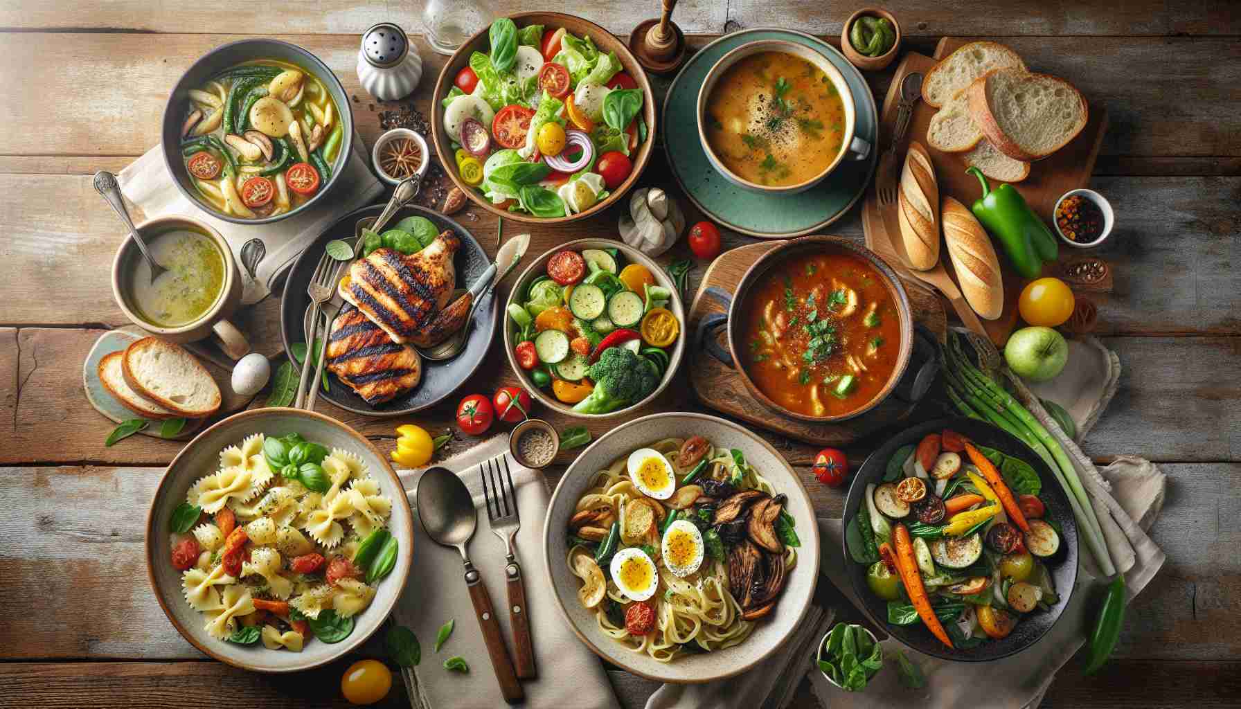 A high-resolution, realistic image of various easy dinner ideas laid out appealingly for a weekday feast. Show an array of dishes like a bowl of steaming pasta garnished with herbs; grilled chicken with a side of roasted vegetables; a refreshing mixed green salad with a variety of colorful, fresh vegetables; a hearty soup with a fresh slice of bread; and a pot of simmering chili. Place these on a rustic wooden table with few dinner accessories like cutlery, napkins, and a vase of flowers for a homely ambiance.