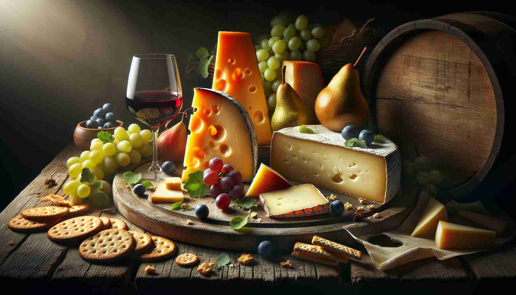 Depict a high-definition, lifelike image showcasing the pleasure of artisanal cheese. It could feature several varieties of gourmet, handmade cheese displayed alluringly on a rustic wooden board. The space around the cheese can be beautified with complementary items like a bunch of grapes, slices of pear, crackers, and a wine glass partially filled with red wine. The ambience can be enhanced with warm, soft lighting, cast to create beautiful shadows on the aged, crumbly textures of the cheese, and on the richly colored fruits and wine. The overall scene should evoke a sense of indulgence and the joy associated with enjoying such a delicacy.