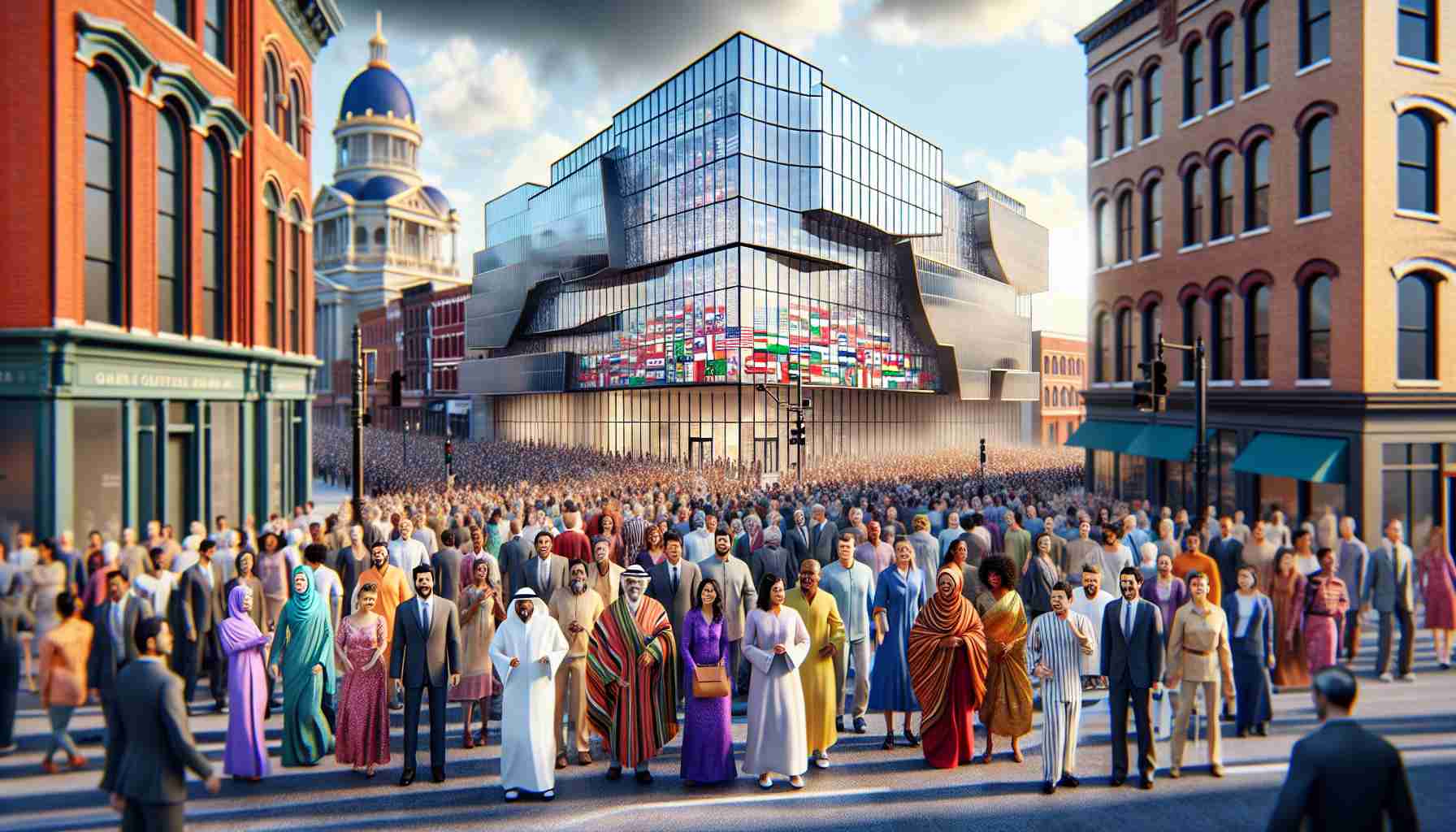 An HD image depicting an exciting new cultural center scheduled to open on a bustling street named Augusta Street. The building is a modern architectural marvel, standing tall among historical buildings. The unique glass building lets the sunlight in and offers the promise of various cultural gatherings. Passersby representing various descents, including Hispanic, Middle-Eastern, and South Asian, mix with the crowd while anticipating the opening. Show the vibrant energy and excitement in the air among the crowd as they interact and engage with each other.