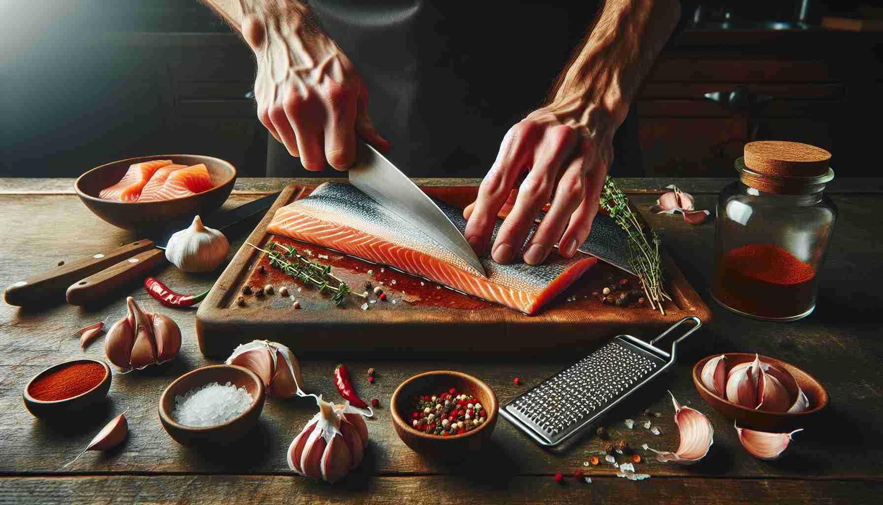 Create an ultra high-definition image that shows the process of unlocking the flavor potential of salmon skin. This picture should portray a close-up view of hands skillfully preparing the salmon skin for cooking. Depict the skin glistening under the kitchen light and various spices and herbs (like garlic, thyme, and chili flakes) neatly spread around the countertop ready to enhance the flavor. The surrounding utensils, such as a sharp knife and a grater, should be depicted with great detail, symbolizing the care and precision necessary for this culinary task.