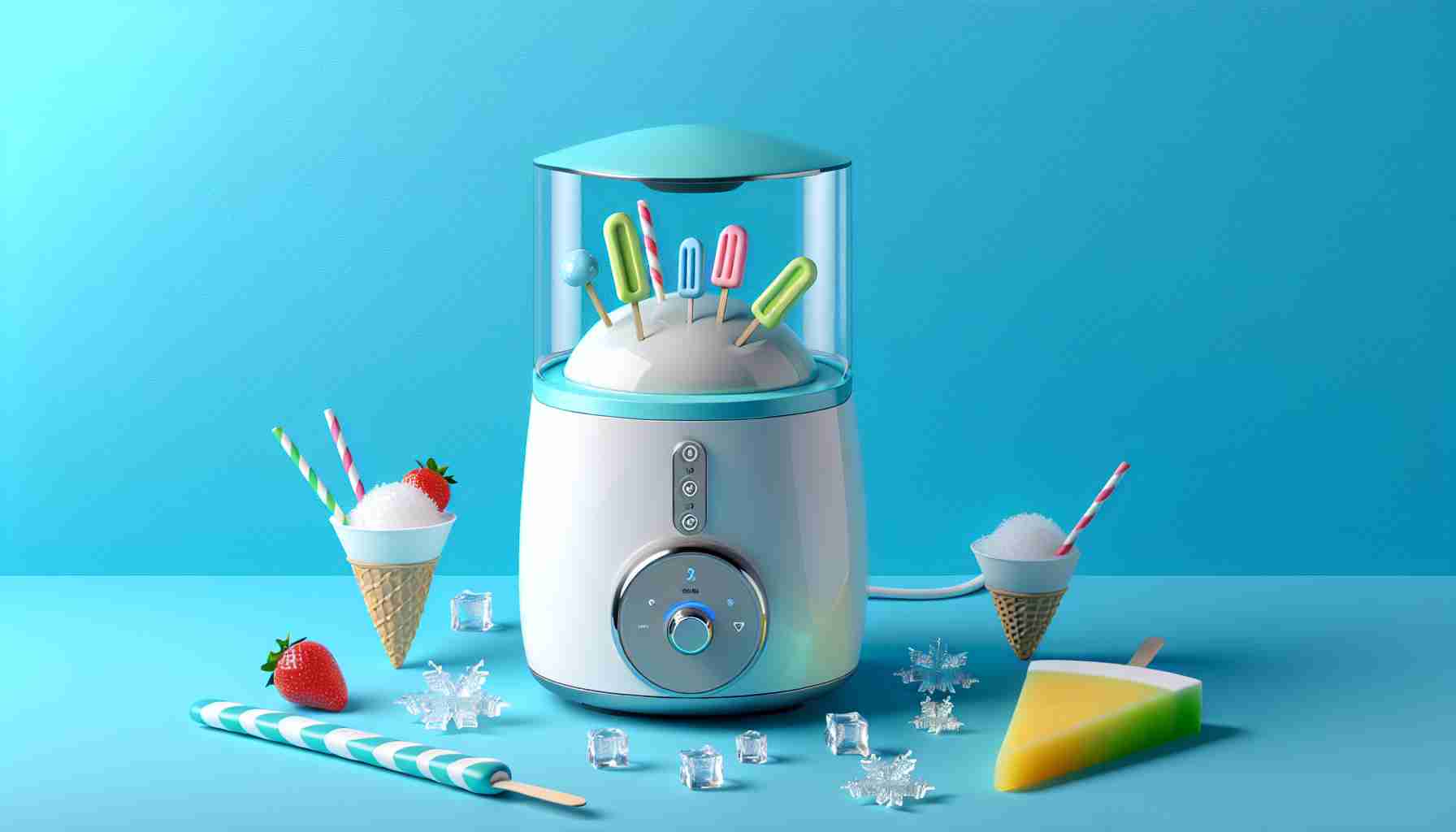 Generate a high-definition, realistic-looking photograph of a contemporary device designed to revolutionize summer treats. This device, referred to as the 'Magical Frosty Maker', should be able to prepare frosty delights to cool down during the hot days of summer. It could be a modern-looking, sleek gadget, possibly featuring an easy-to-use user interface, and ideally it should be set against a delightfully summer-y background to underscore its utility and appeal during the sun-soaked season.