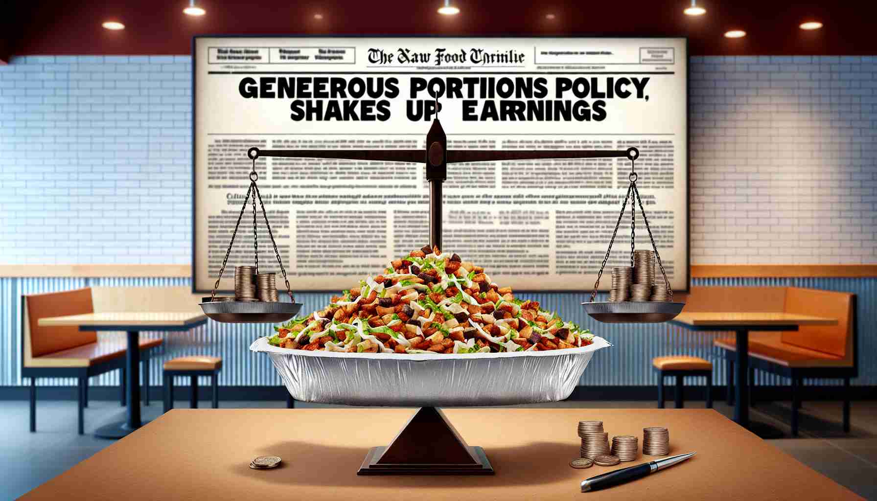 Create a realistic, high-definition image that portrays the concept of 'Generous Portions Policy'. The depiction should involve an abundance of delicious Chipotle-style food piled high within a takeaway container. To reflect the 'Shakes Up Earnings' part, provide a visual metaphor such as a scale balancing a coin and the heaped food container. The backdrop can be within a tastefully decorated fast food restaurant. Stylize the image to look like a newspaper headline, with 'Generous Portions Policy Shakes Up Earnings' as the title in bold, impactful text.