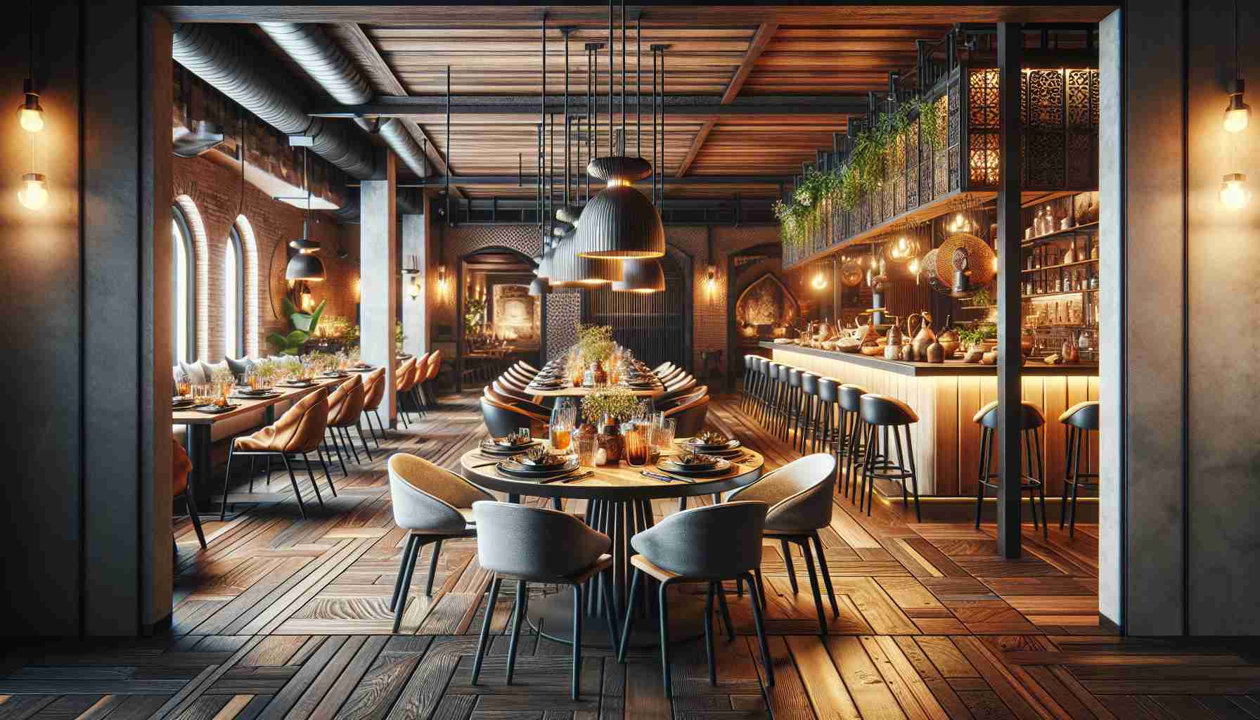 Realistic HD image of a restaurant infused with both modern and traditional elements in its design. This culinary setting showcases a twist on traditional flavors, as evidenced by the well-plated dishes of innovative interpretations on the table. The ambiance balances old and new designs effectively, with rustic touches complementing sleek, contemporary fittings. The restaurant exudes an inviting, warm atmosphere