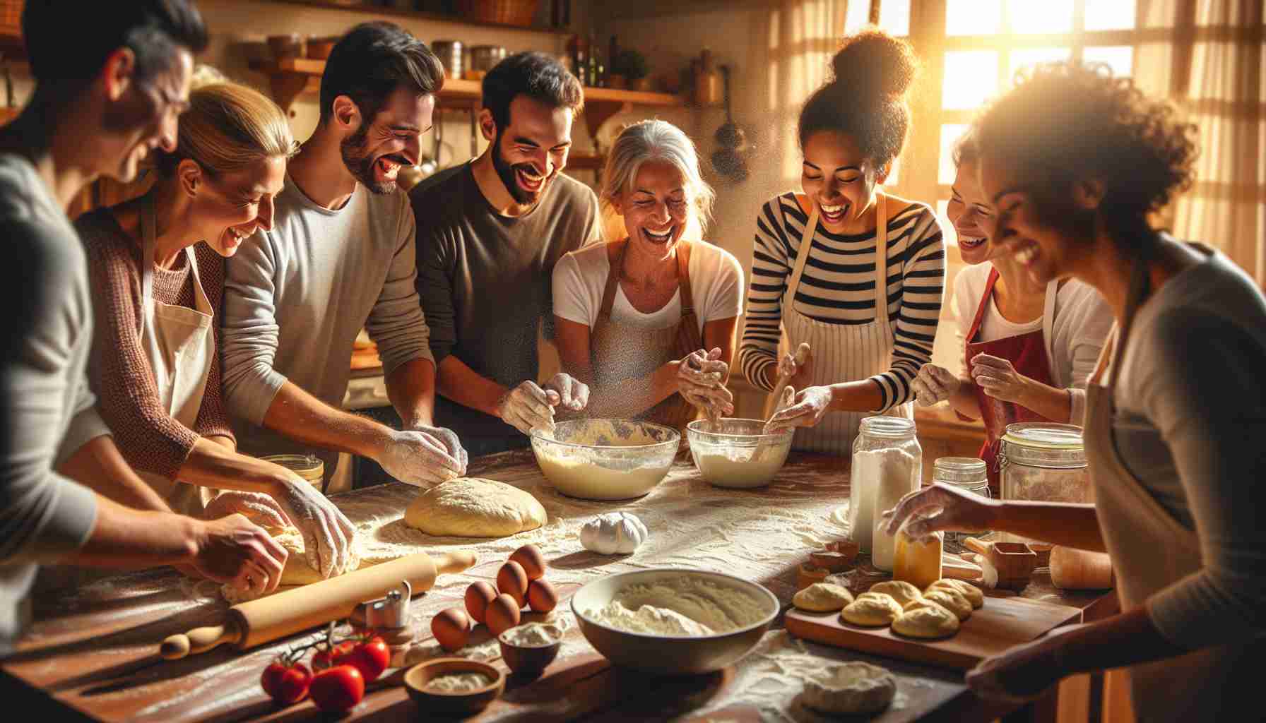 A high-definition, realism-styled image capturing a delightful baking adventure. The scene includes all the charm of a cozy home kitchen with multiple people enthusiastically involved in the baking process. Each participant is from a different descent: one person is Caucasian, another is Hispanic, and the third is South Asian. They are a mix of both genders. Warm light spills over the wooden countertop, illuminating a flour-dusted surface where dough is being kneaded. A variety of colorful ingredients and baking tools are scattered around, showcasing a jumble of joyous baking activity.