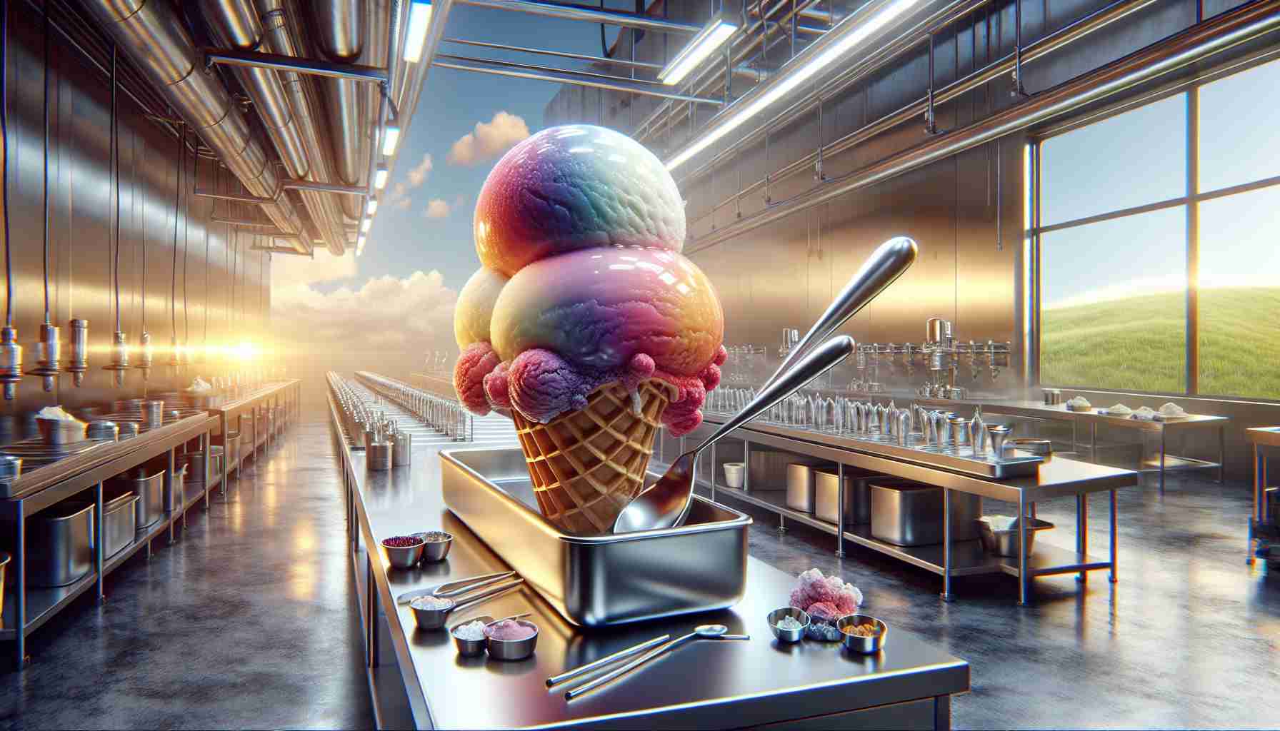 High-definition, realistic image of a moment of ice cream innovation. Consider where boundaries are being pushed in this culinary dessert field. This could illustrate new techniques, configurations, or flavors that break traditional molds. Detail a scene with a blend of classic and avant-garde elements. On a pristine, perhaps stainless steel, workstation, there's an experimental ice cream creation that's coming to life. The creation is imaginative and beyond normal expectations — maybe a surprising shape, unusual color, or unexpected ingredient, the sky is the limit. Glossy, frozen perfection amid a landscape of culinary creativity.