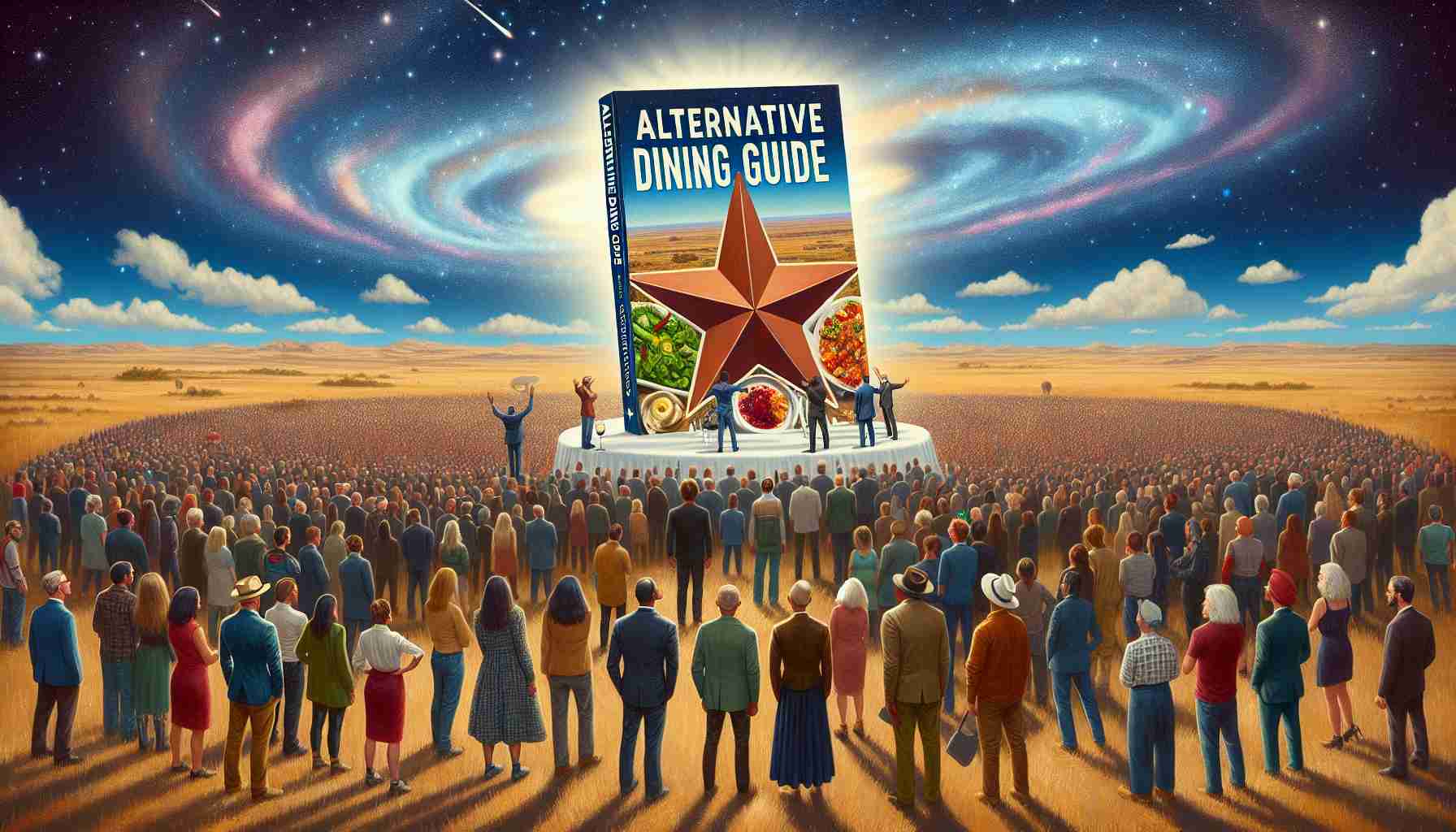 Create a detailed and realistic high-definition image of an alternative dining guide launch event. The setting should ideally be the Lone Star State, recognized by its unique Texan landscapes featuring vast open plains and large, star-filled skies. The guide itself should be prominently featured, perhaps on a stand or being held up by an individual. The crowd around the guide should be diverse, reflecting a mix of genders and descents. They should be expressing excitement and curiosity, as they look forward to exploring new dining opportunities in their state.