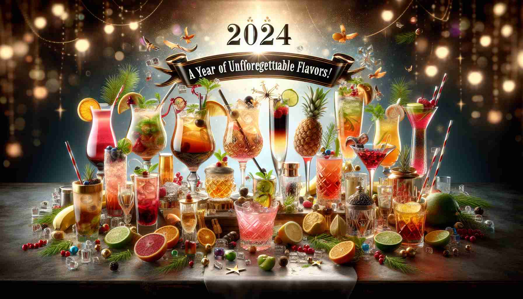 Create a realistic, high-definition image symbolizing the title '2024: A Year of Unforgettable Flavors!' Highlight a table full of creative and attractive drink concoctions that represent the best drinks of the year. The table should feature a variety of glassware, full of vibrant and unique beverages, garnished beautifully. The background should suggest a festive, celebratory atmosphere. Please include some text in the image, in the style of an elegant banner, stating: '2024: A Year of Unforgettable Flavors! Explore the Best Drinks of the Year.'