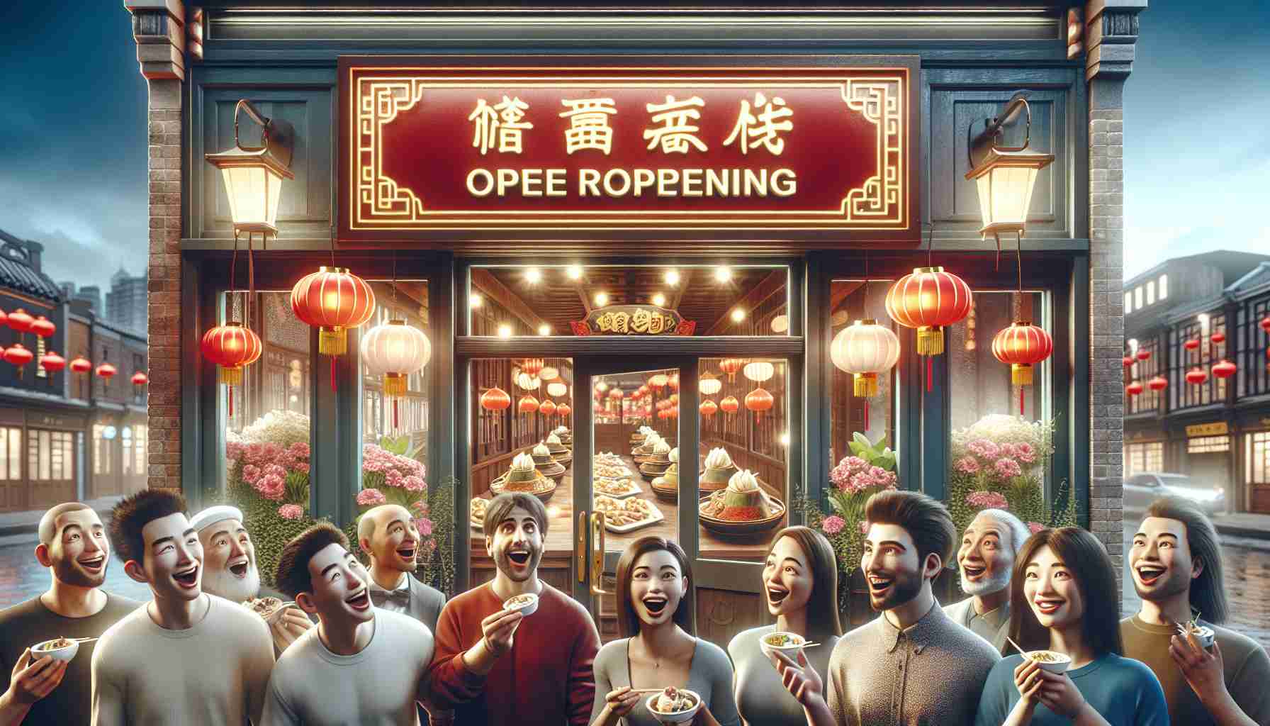 Generate an incredibly detailed and vibrant image reflecting the reopening of a popular and traditional Chinese restaurant. Capture the excitement in the atmosphere. The front of the restaurant has a charming red signboard with golden text. Customers who are thrilled about the comeback are seen outside. They are from diverse backgrounds, including Hispanic, Middle-Eastern, and Black individuals. The restaurant has carefully hung lanterns providing a warm glow, and delicious plates of dumplings, noodle soups, and other Chinese delicacies are visible through the open doors. Accurately depict the joy and surprise on people's faces.