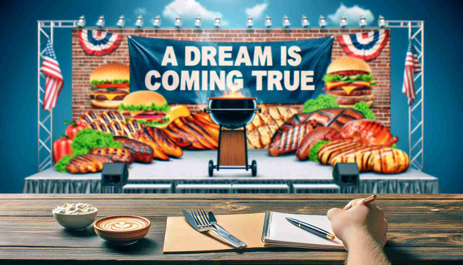 A high definition, realistic picture of a big announcement for barbecue enthusiasts. Imagine a stage set for this momentous news, maybe a banner with the words 'A Dream Is Coming True' written in bold letters. Along with it, visualize the sight of various types of barbecued food items lining the stage to increase the anticipation. Focus on details and vivid colors to capture the excitement of the moment.