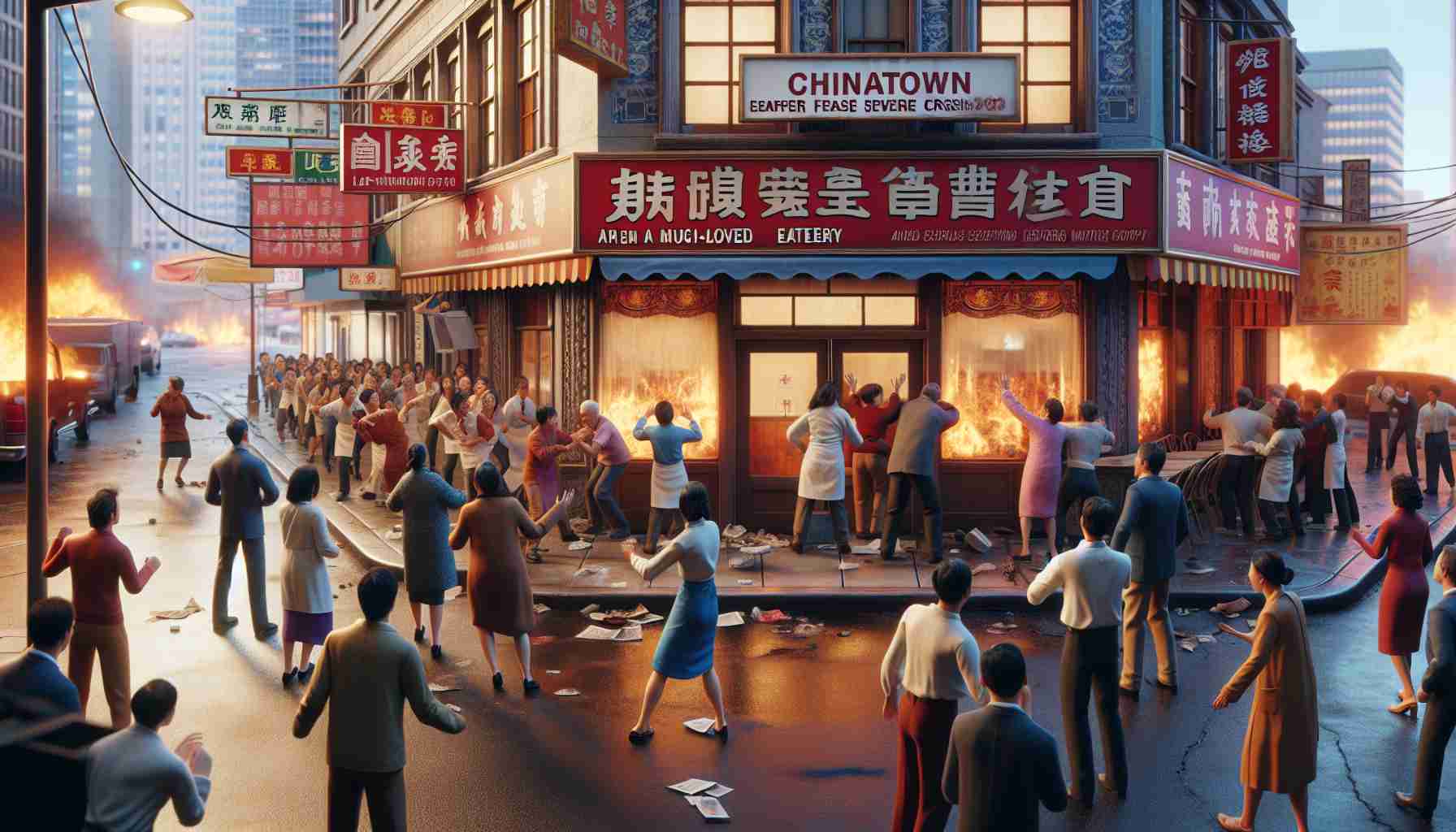 High definition realistic picture showing a dramatic situation in a Chinatown district. A much-loved eatery is facing a severe crisis. Visual emphasis on the restaurant's signage, the distressed expressions of employees of diverse descents and genders, and supportive patrons showcasing the tight-knit community.