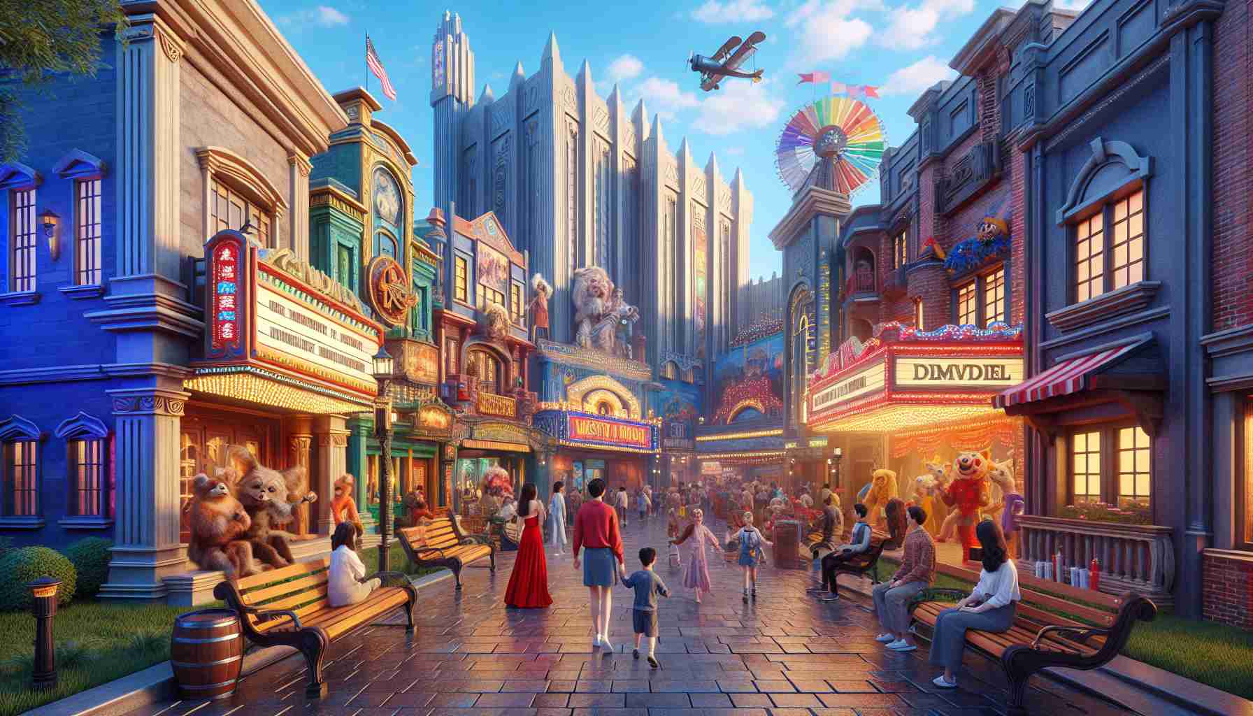 A high-definition, photorealistic image showcasing the attractions and vibrant atmosphere of a popular themed amusement park. The park is full of lively and colorful buildings, representing different cinematic genres and periods, providing a fantastic backdrop for visitors. The scene should depict family-friendly fun activities like rides, child-friendly shows, themed decorations, and mascots performing on the streets. The ambiance should reflect a day filled with joy, adventure, and entertainment.