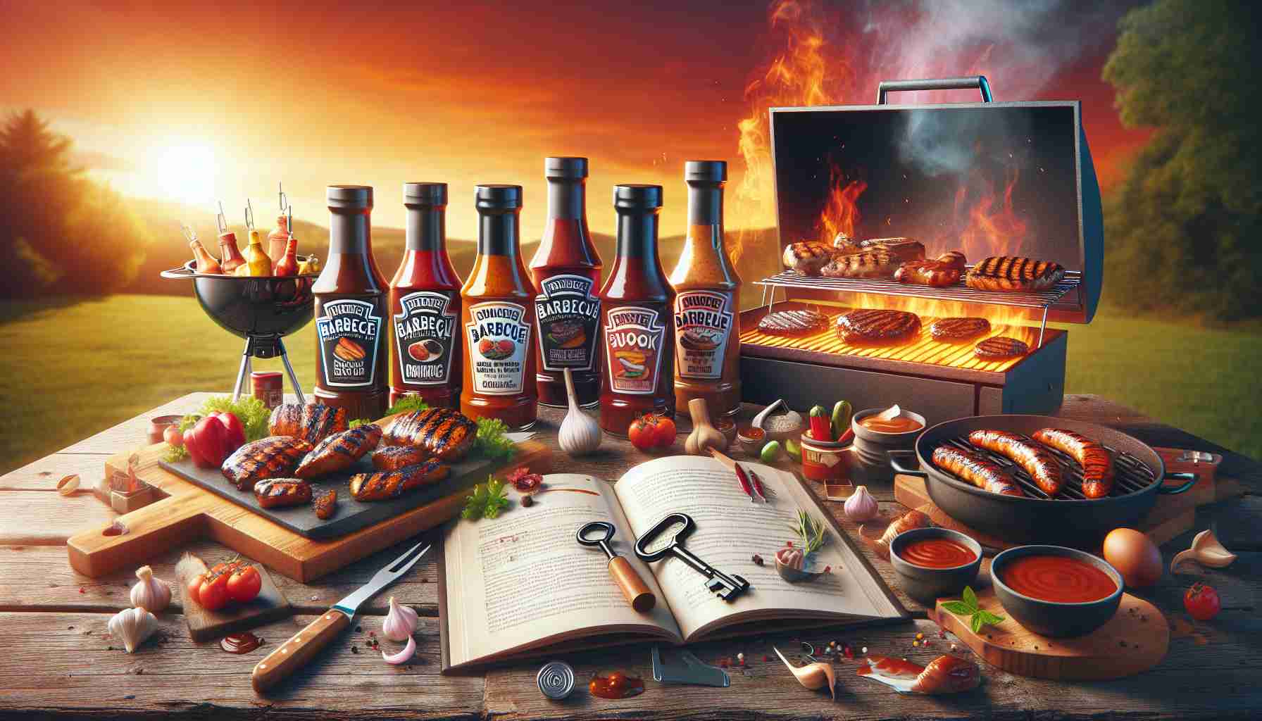 Create a realistic, high-definition image showing a barbecue scene that symbolises the unlocking of barbecue secrets. The scene should include various types of barbecue sauces displayed prominently, each in unique bottles, to signify a diverse range of flavors for an enhanced grilling experience. The setting is outdoors, with a large grill with sizzling food on it, and tools for tending the cookout. Optional elements can include a recipe book open to a page about barbecue sauces, a wooden plank with a key on it symbolising the unlocking of secrets, and a fiery sunset in the background.