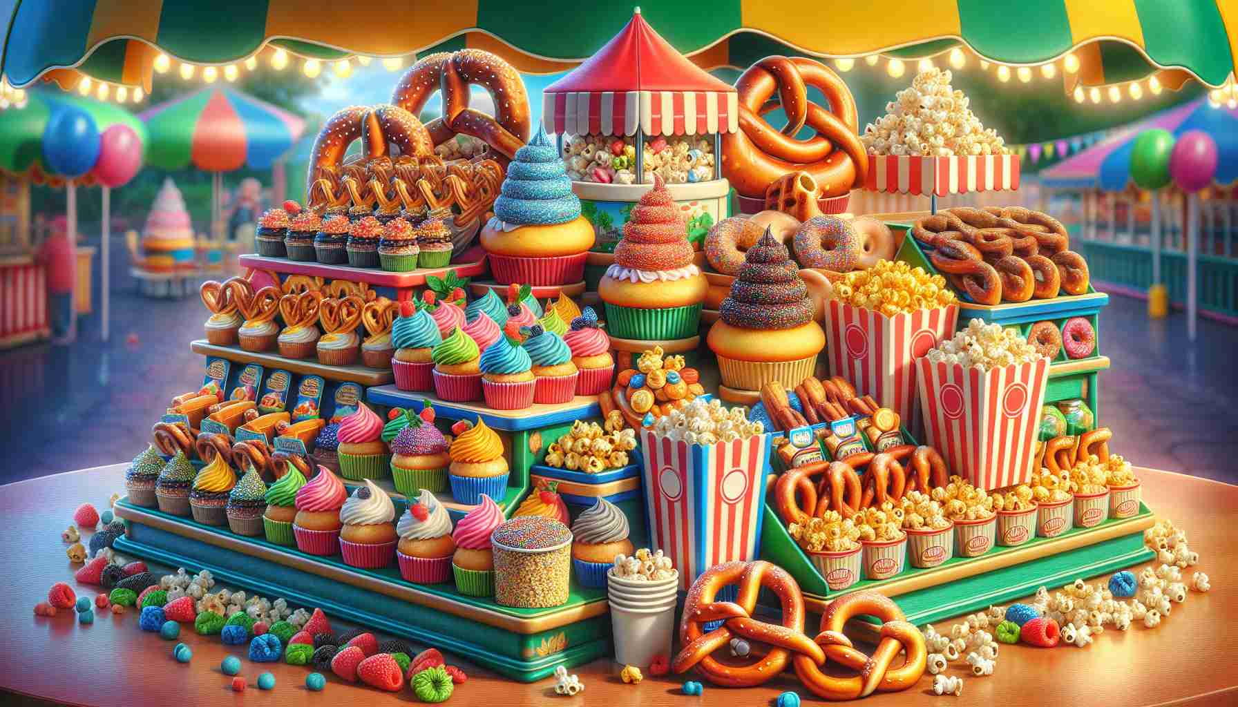 A highly detailed and true-to-life image of a variety of new and delectable treats that are about to be introduced at a famous amusement park. These gastronomic delights should be so vivid and enticing that one can almost taste the sweetness. Picture an array of items such as scrumptious cupcakes topped with colorful frosting, tantalizing hot pretzels filled with mouth-watering cheese, freshly popped popcorn in red and white striped boxes, and adorable miniature donuts sprinkled with powdered sugar. The treats are displayed on vibrant stands, prepped and ready for the customers to enjoy.