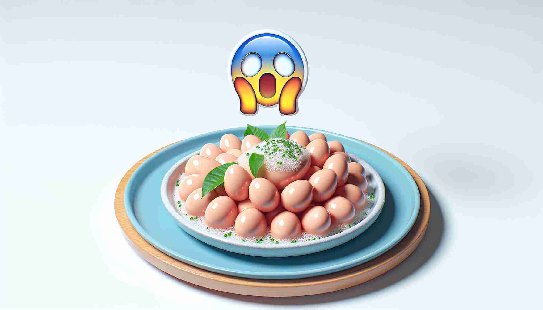 Generate a realistic, high-definition image of a plate of tuna eggs, typically found in sushi dishes, together with a surprised expression symbol floating above the plate, symbolizing the surprise in finding out that you can eat tuna eggs.