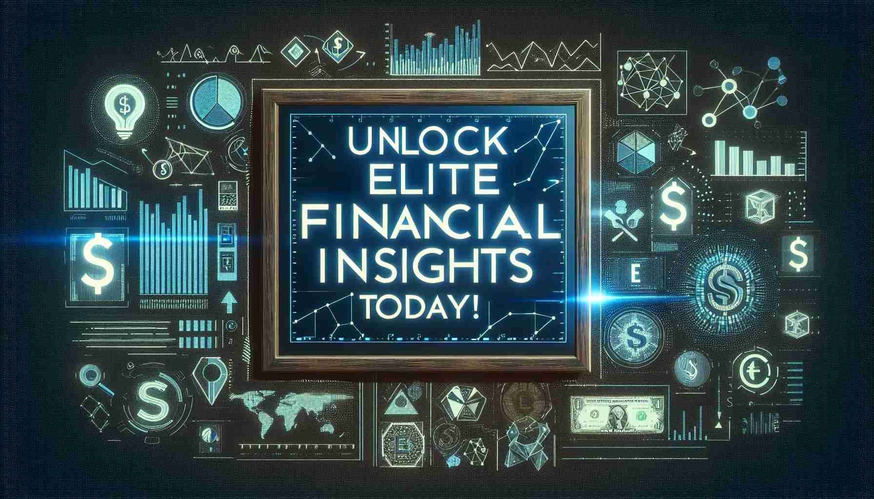 Generate a realistic high-definition image containing the textual phrase 'Unlock Elite Financial Insights Today!' The text should be the focal point of the image, perhaps presented on a digital display or a signboard. Surrounding the text, consider elements associated with finance such as graphs, charts, currency symbols, or abstract representations of data analysis.