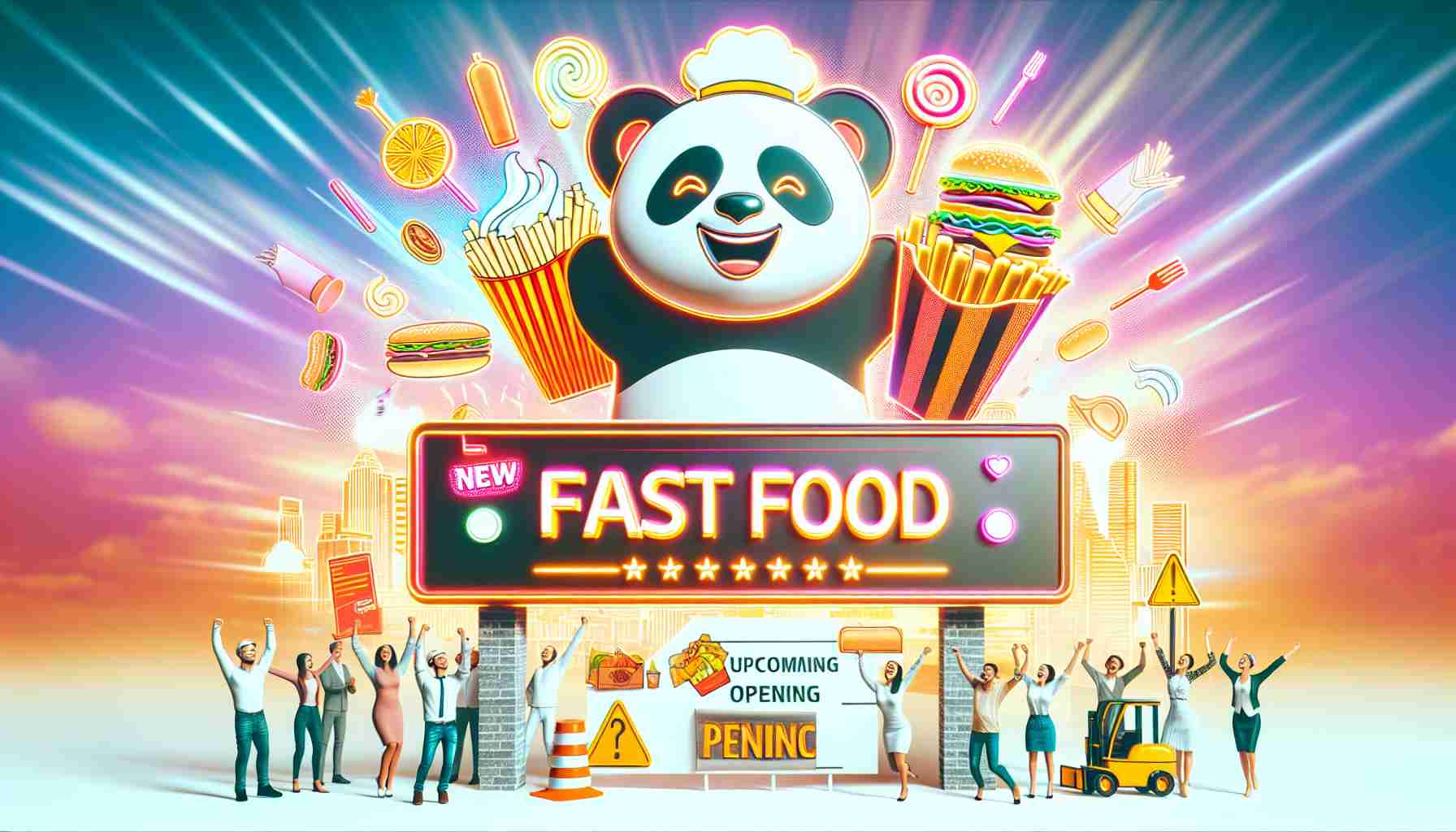 Generate a vibrant, high-definition image representing the joy of fast food enthusiasts. The main focus should be on a signboard showcasing a new fast-food restaurant (not a real brand), with a logo featuring a smiling panda. Symbols of anticipation such as construction sites, upcoming opening banners, and ecstatic people from different descents, both male and female, should also be included.